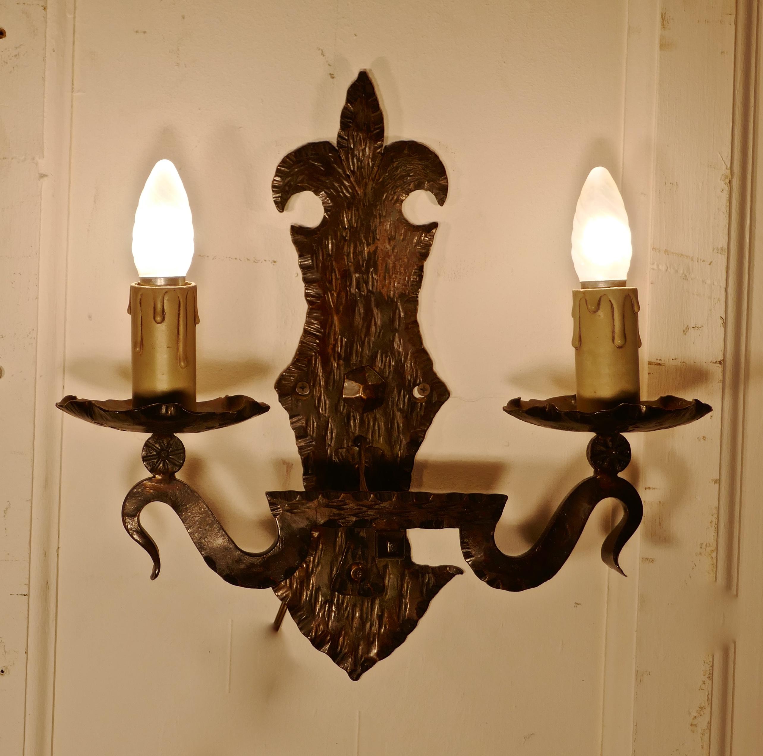 Superb Pair of French Arts & Crafts Gothic Iron Wall Lights 2
