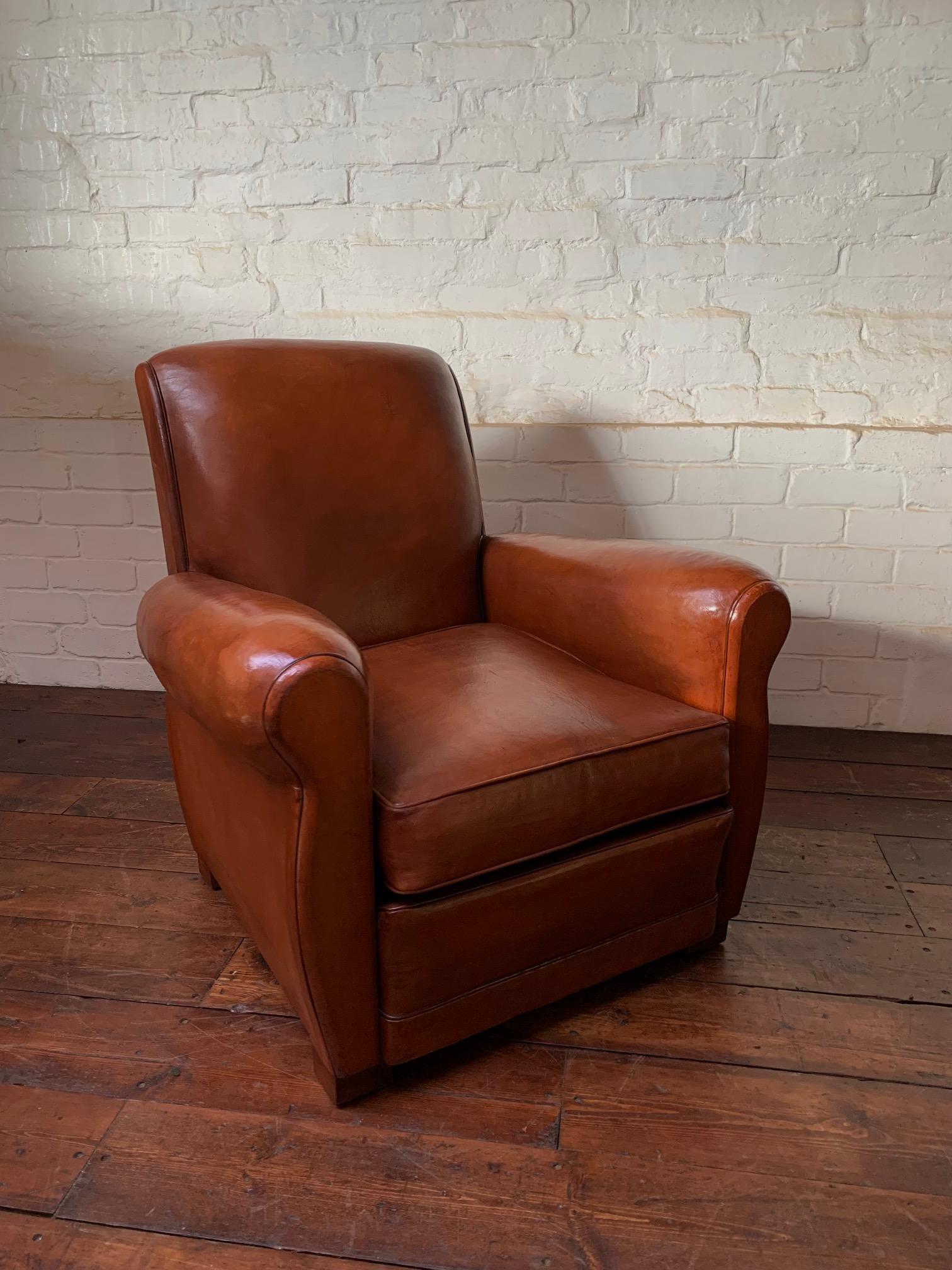 A Superb Pair of French, Leather Club Chairs, Havana Lounge Models Circa 1940's 5