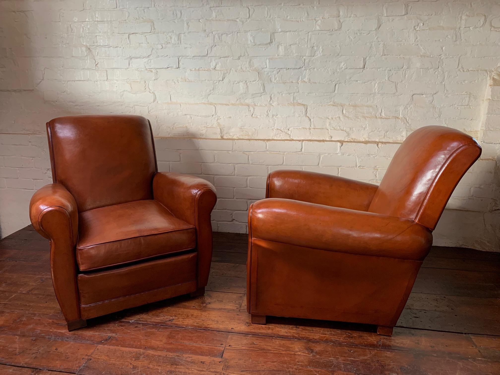 Art Deco A Superb Pair of French, Leather Club Chairs, Havana Lounge Models Circa 1940's