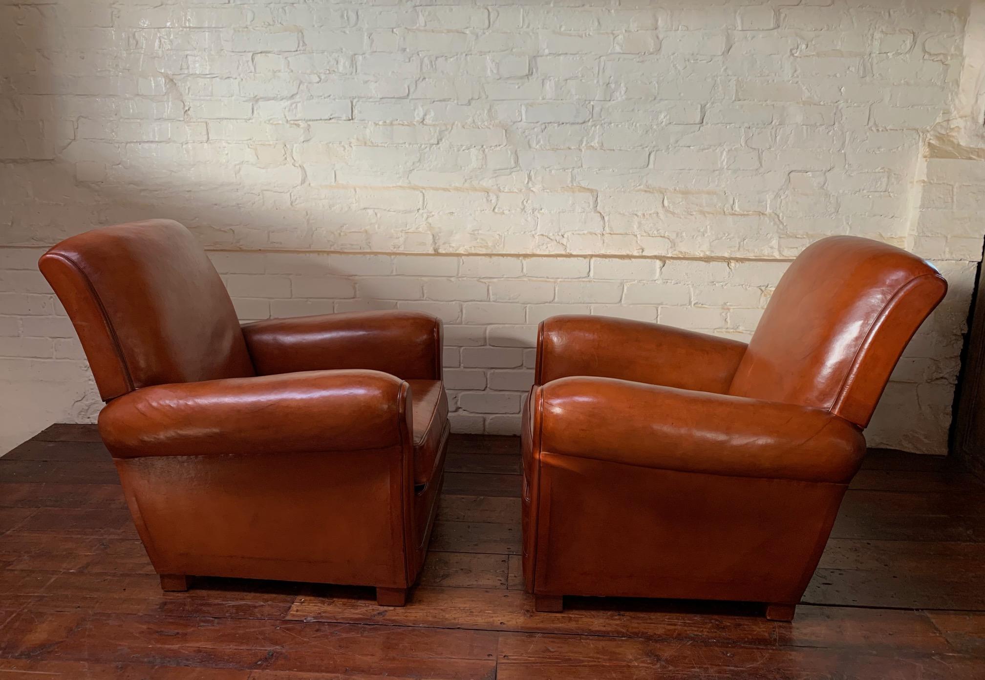A Superb Pair of French, Leather Club Chairs, Havana Lounge Models Circa 1940's In Excellent Condition In Hastings, GB
