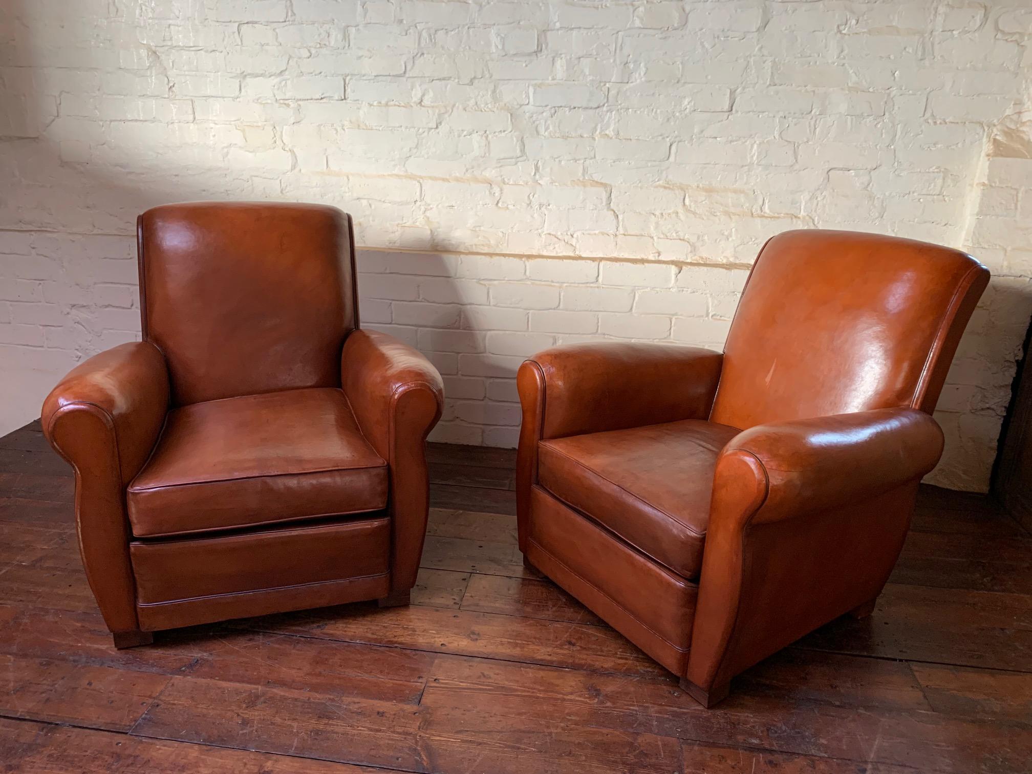 Mid-20th Century A Superb Pair of French, Leather Club Chairs, Havana Lounge Models Circa 1940's