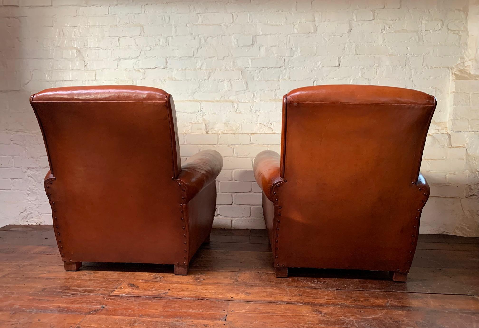 A Superb Pair of French, Leather Club Chairs, Havana Lounge Models Circa 1940's 1