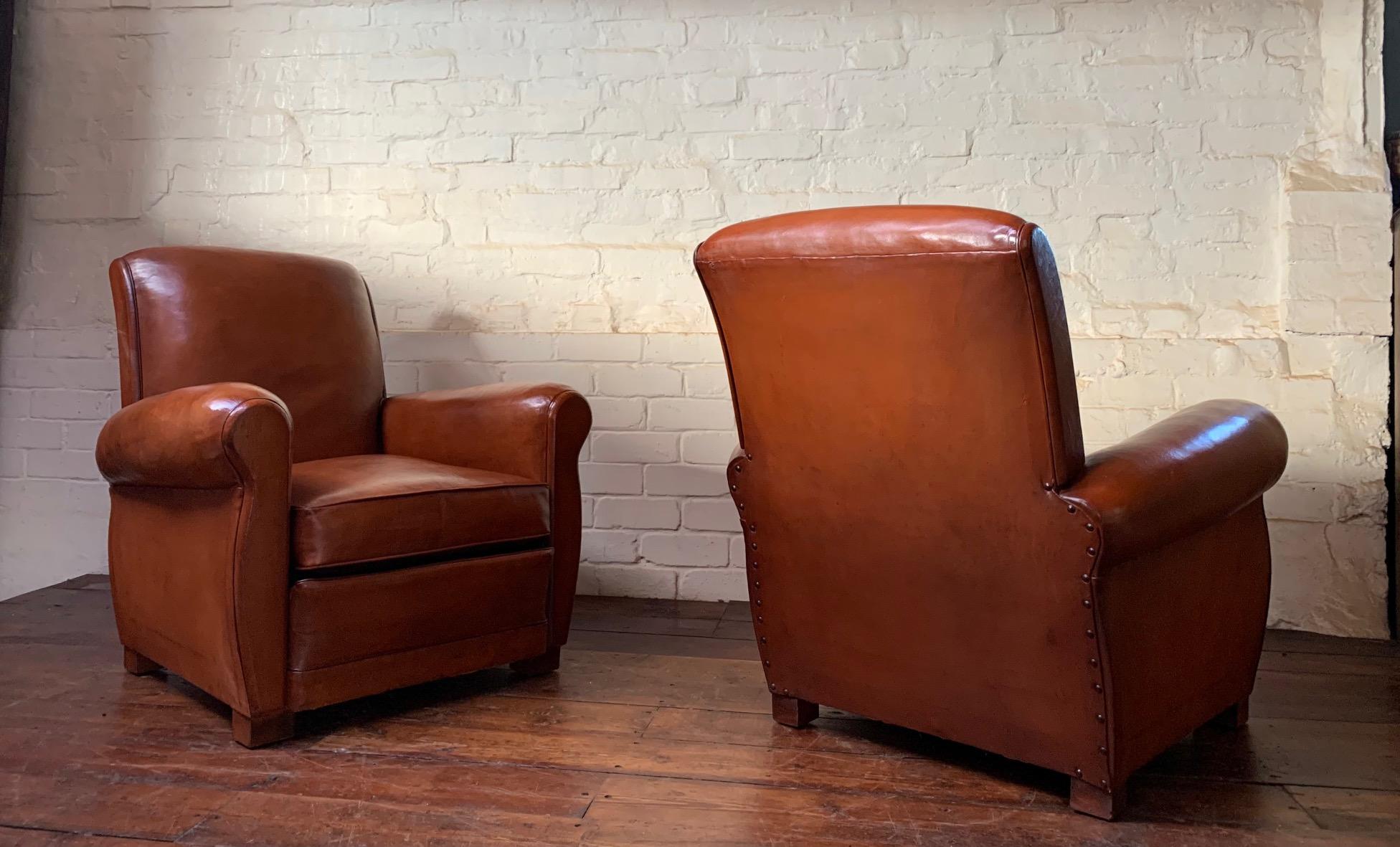 A Superb Pair of French, Leather Club Chairs, Havana Lounge Models Circa 1940's 2