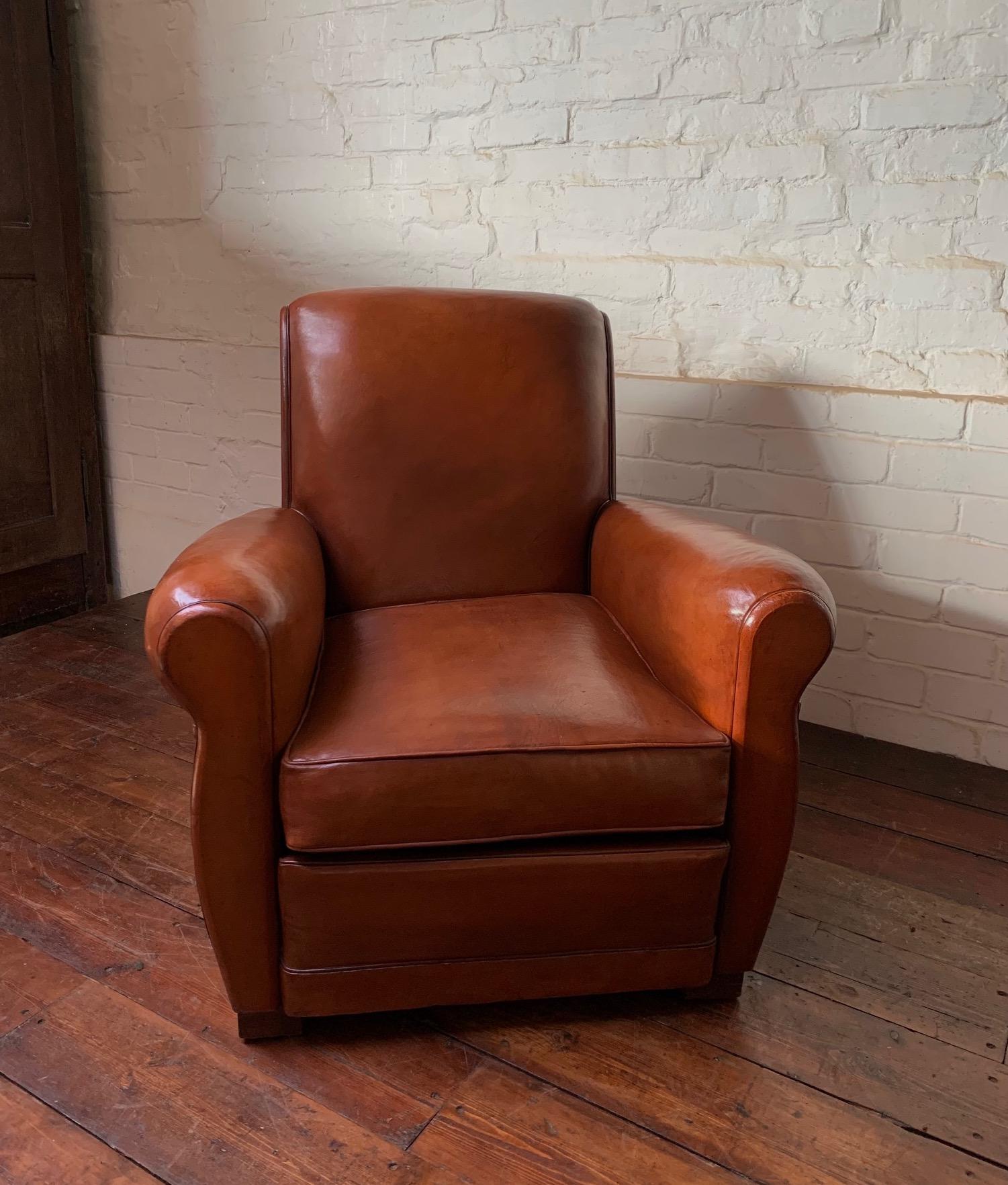 A Superb Pair of French, Leather Club Chairs, Havana Lounge Models Circa 1940's 4