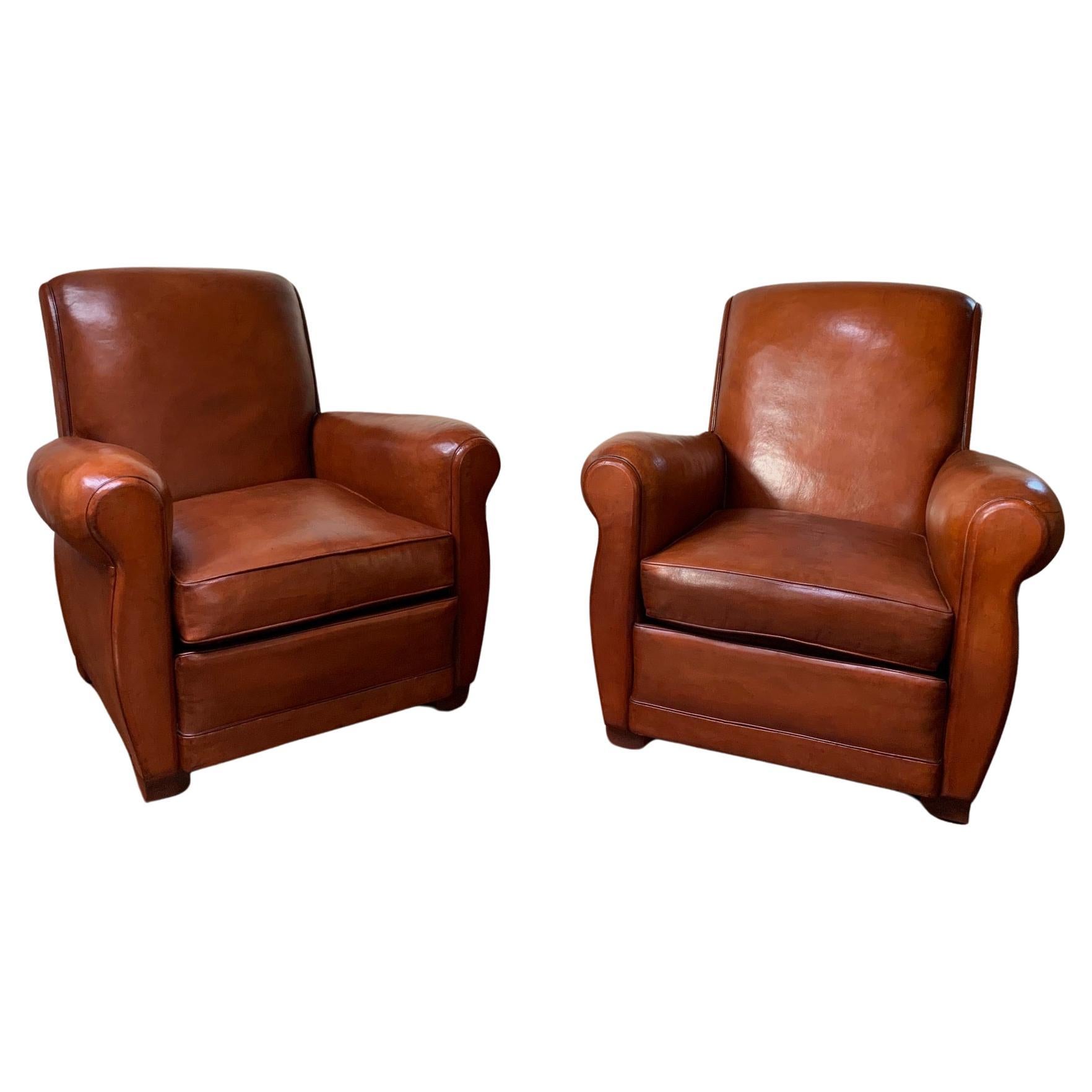 A Superb Pair of French, Leather Club Chairs, Havana Lounge Models Circa 1940's