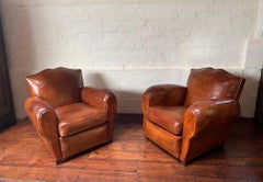 A Superb Pair of French Leather Club Chairs Havana Moustache Models Circa 1950’s