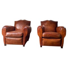 A Superb Pair of French Leather Club Chairs Havana Moustache Models Circa 1950’s