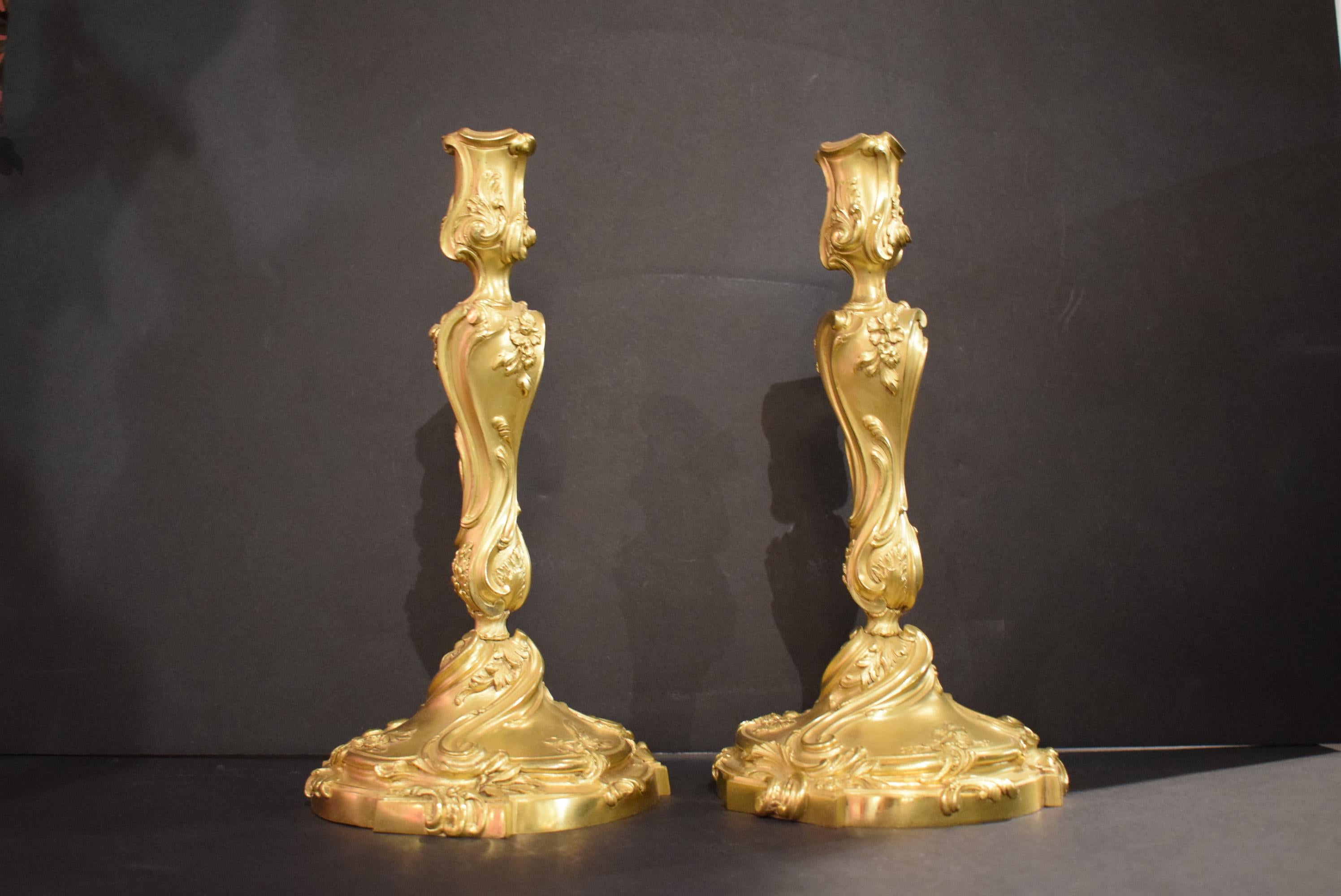 French Superb Pair of Gilt Bronze Candlesticks