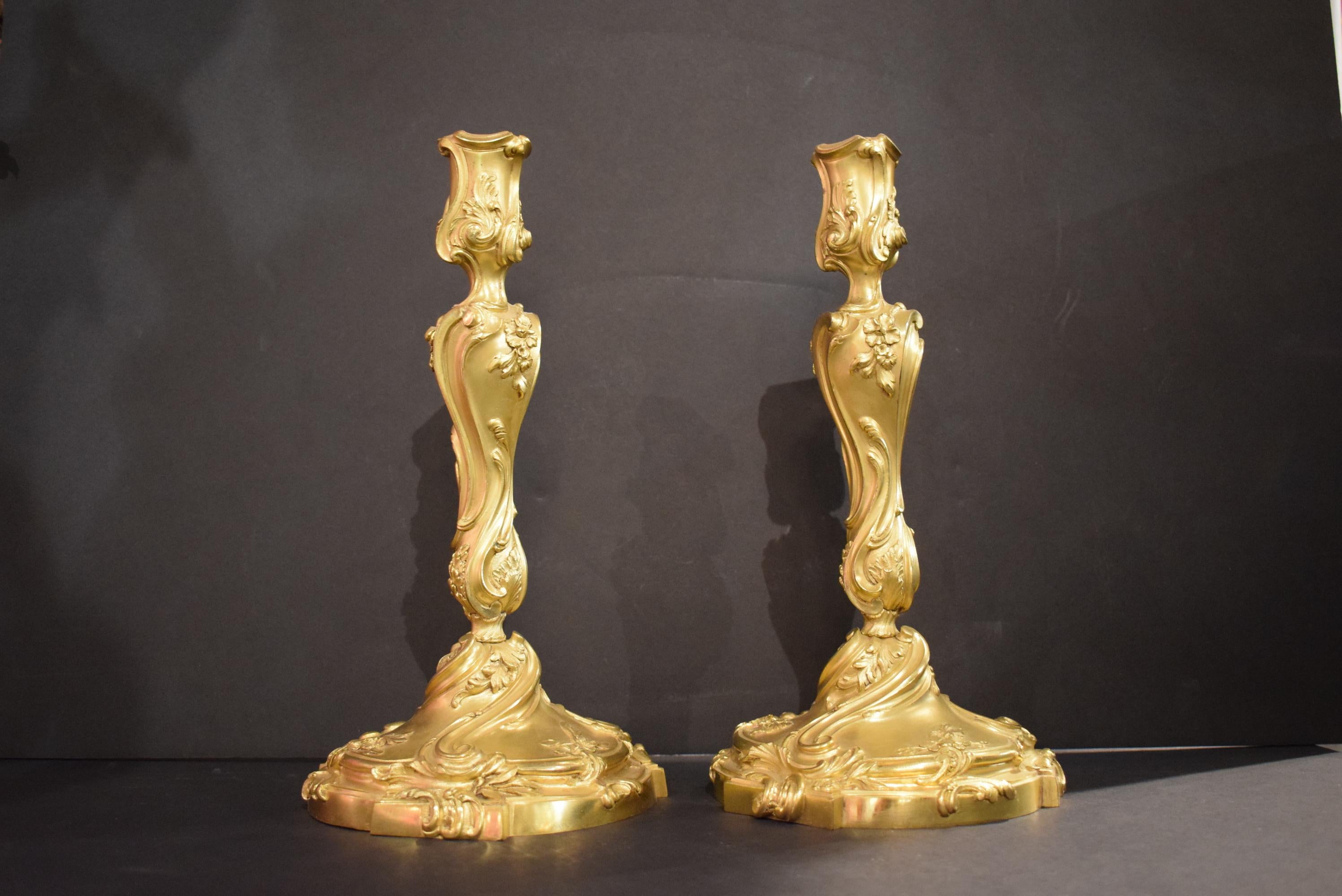 Superb Pair of Gilt Bronze Candlesticks In Good Condition In Atlanta, GA