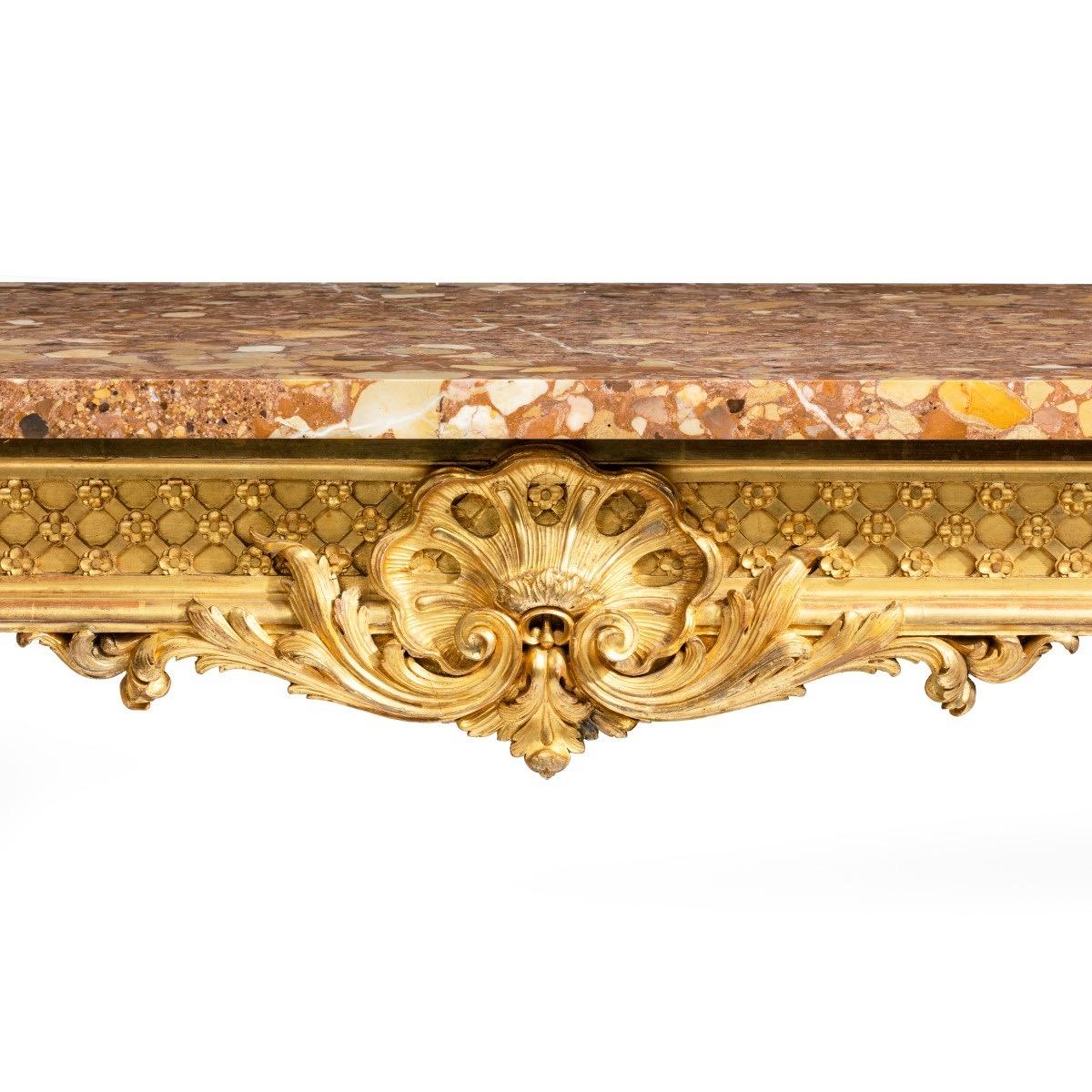 Late 19th Century Superb Pair of Giltwood Console Tables with Original Marble Tops