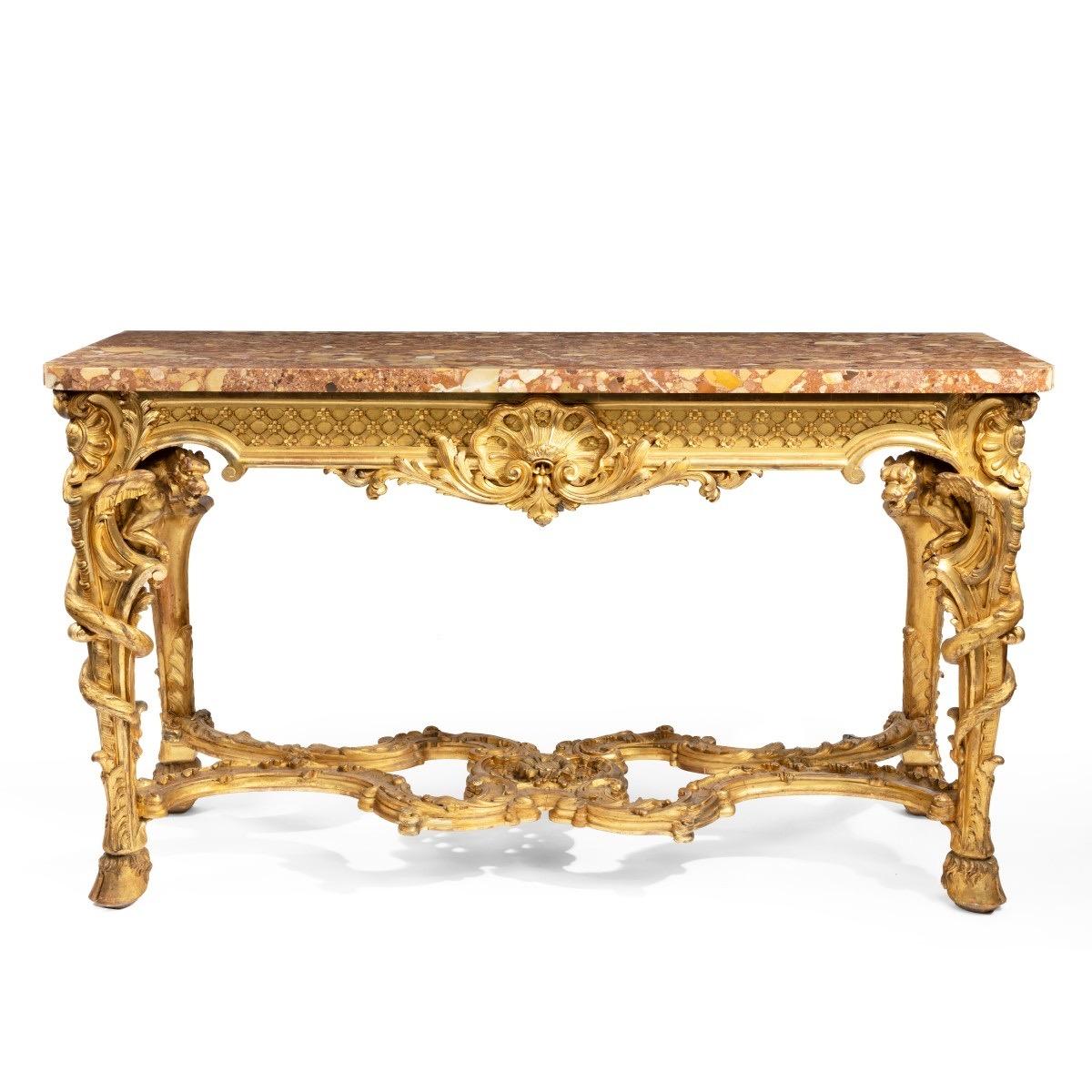 Superb Pair of Giltwood Console Tables with Original Marble Tops 1