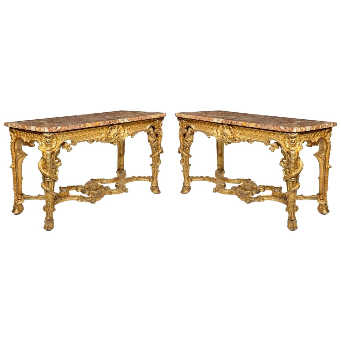 Superb Pair of Giltwood Console Tables with Original Marble Tops
