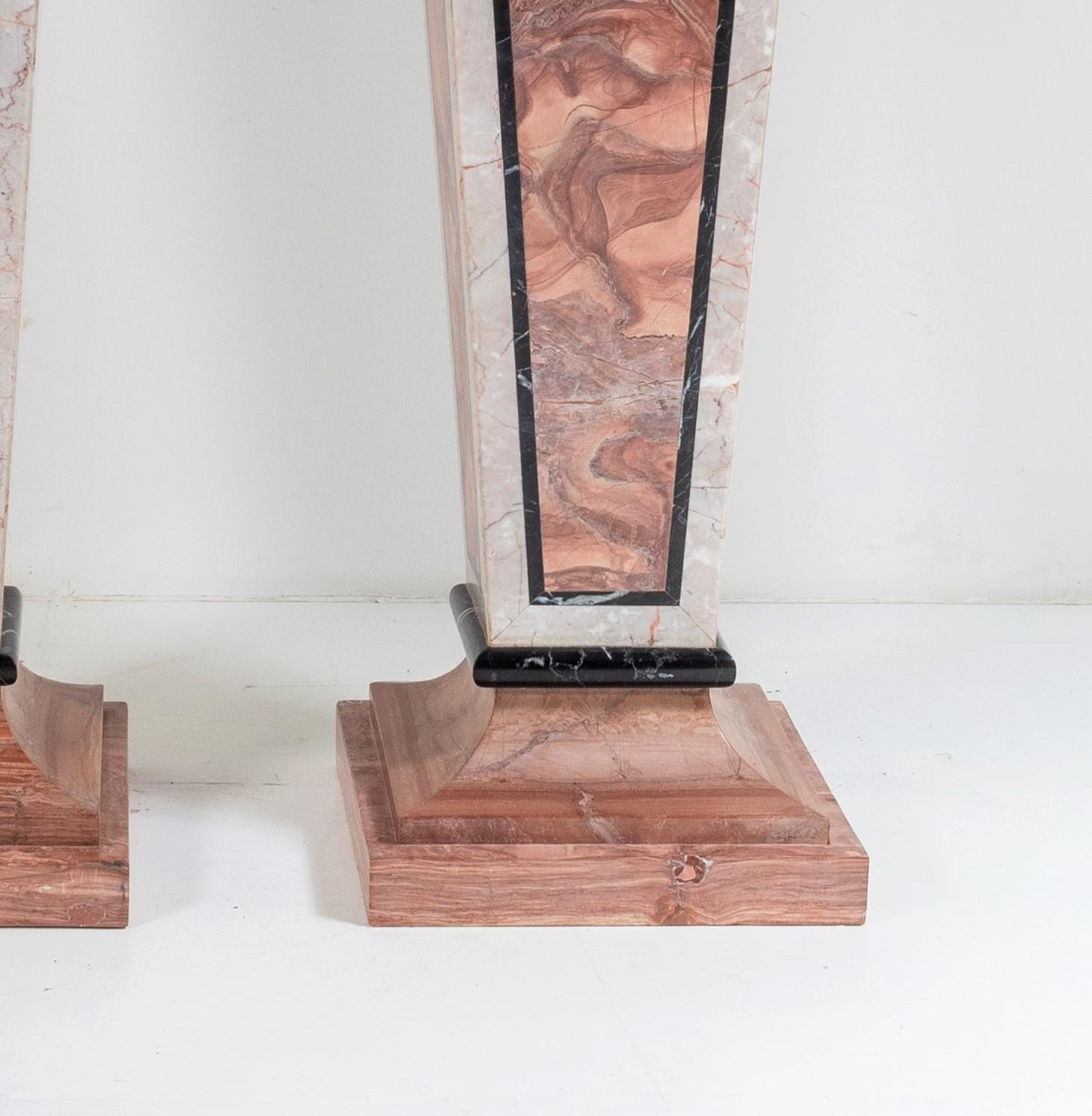 An exquisite pair of solid marble plinths in a stunning pink marble with beautiful contrasting inlay details in light tones and black. Solid Marble
These would fantastic in a large entrance hallway. Large proportions at 44? (112cm) tall. They