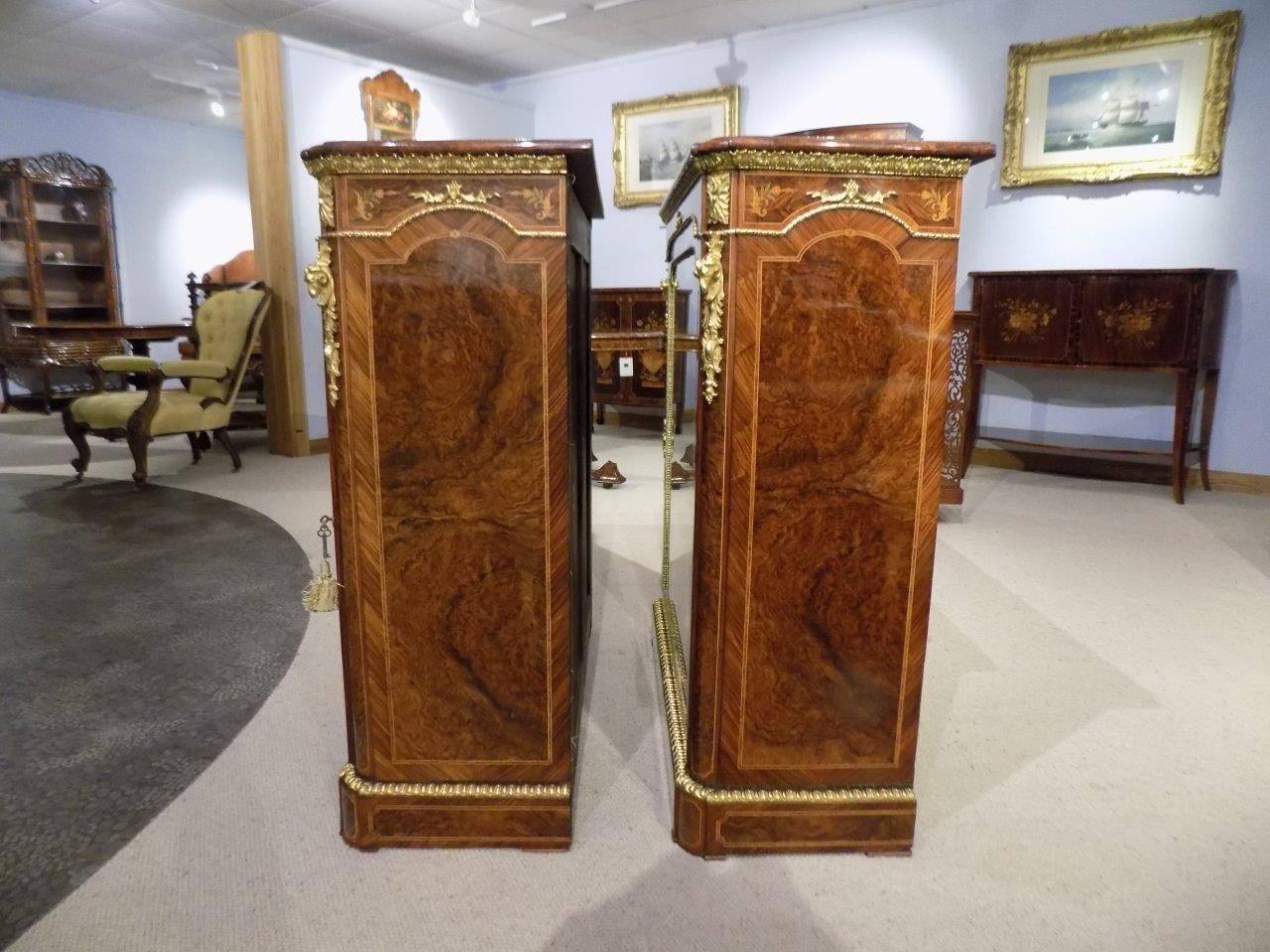 Superb Pair of Victorian Period Burr Walnut and Marquetry Inlaid Pier Cabinets For Sale 4