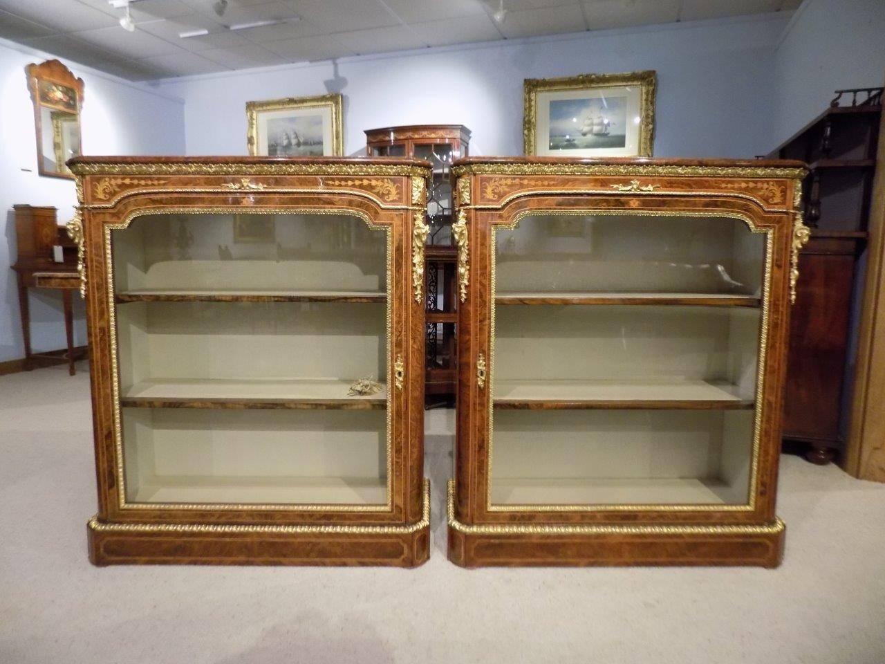 Superb Pair of Victorian Period Burr Walnut and Marquetry Inlaid Pier Cabinets For Sale 5