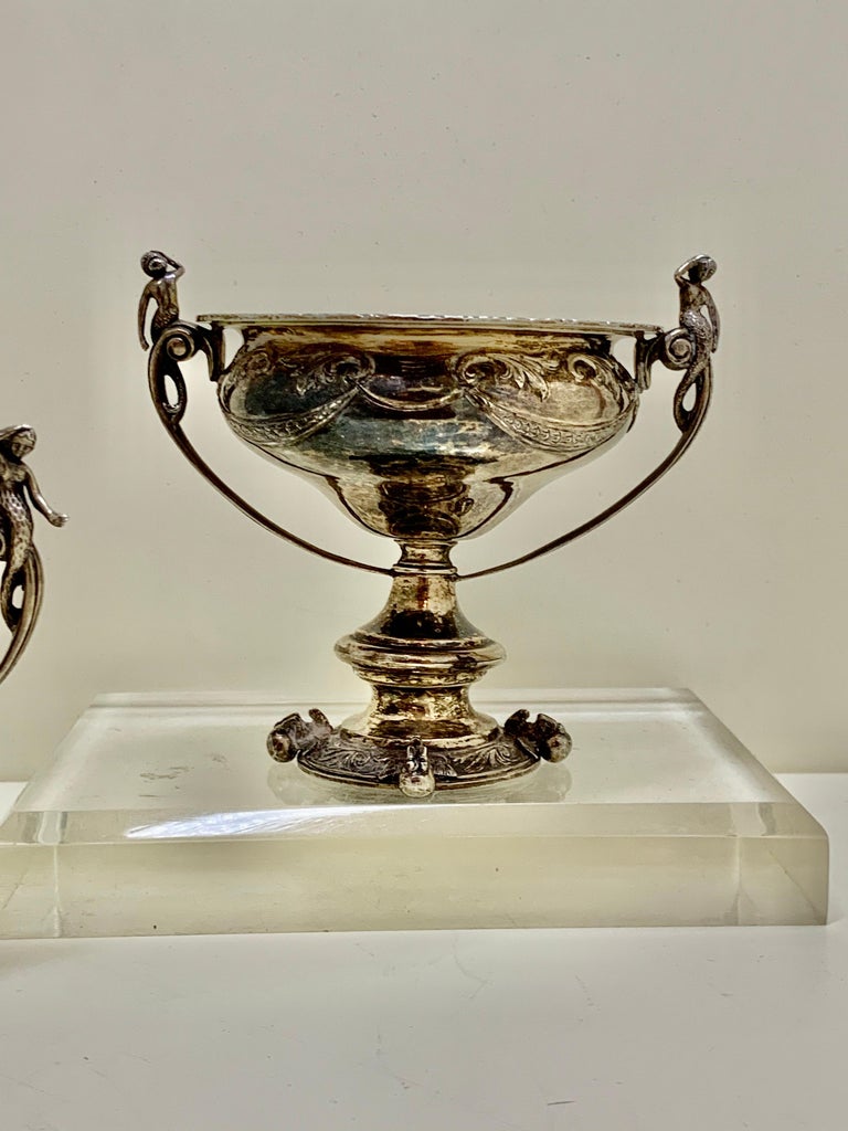 This is an excellent pair of mythological cups and covers
They look amazing, the circular bases resting on winged horses,
The handles are well cast and chased and are in the form of mermaids.
Both Lids have a mermaid on top surrounded by