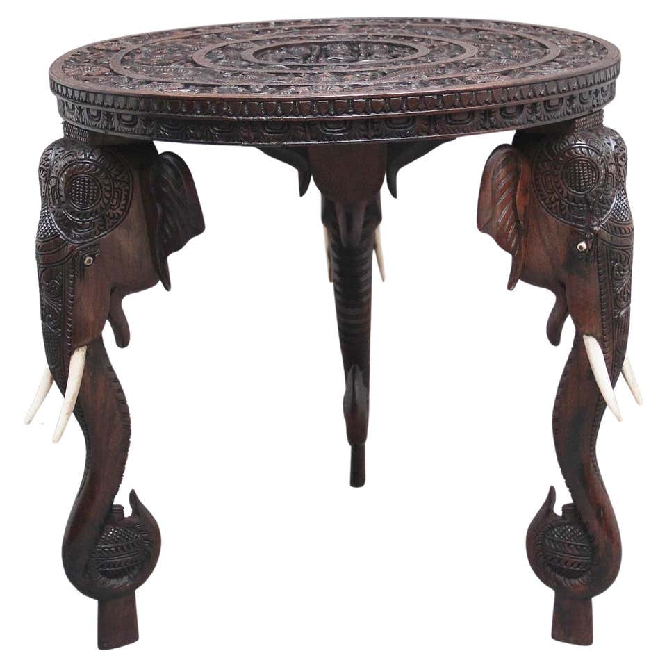 Indian Teak and Bone Inlaid Occasional Table with Elephant Legs, circa ...
