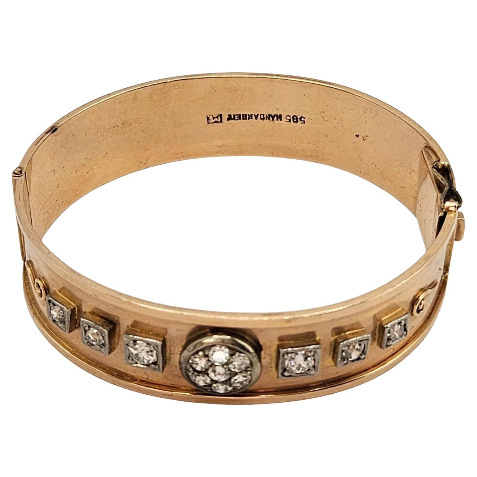 A Superb Quality Antique German 14k Gold & 1.20 Carat Diamond Bangle Bracelet