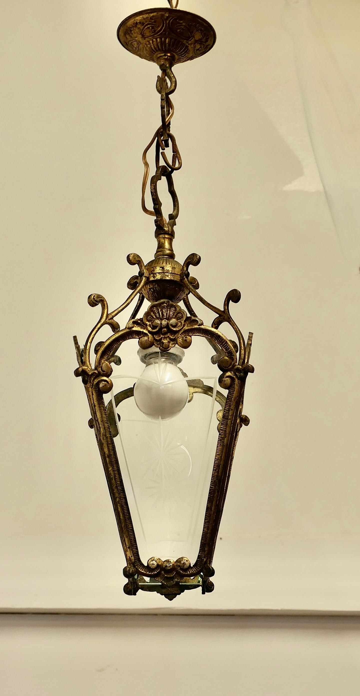 Adam Style A Superb Quality Brass and Etched Glass Lantern    For Sale