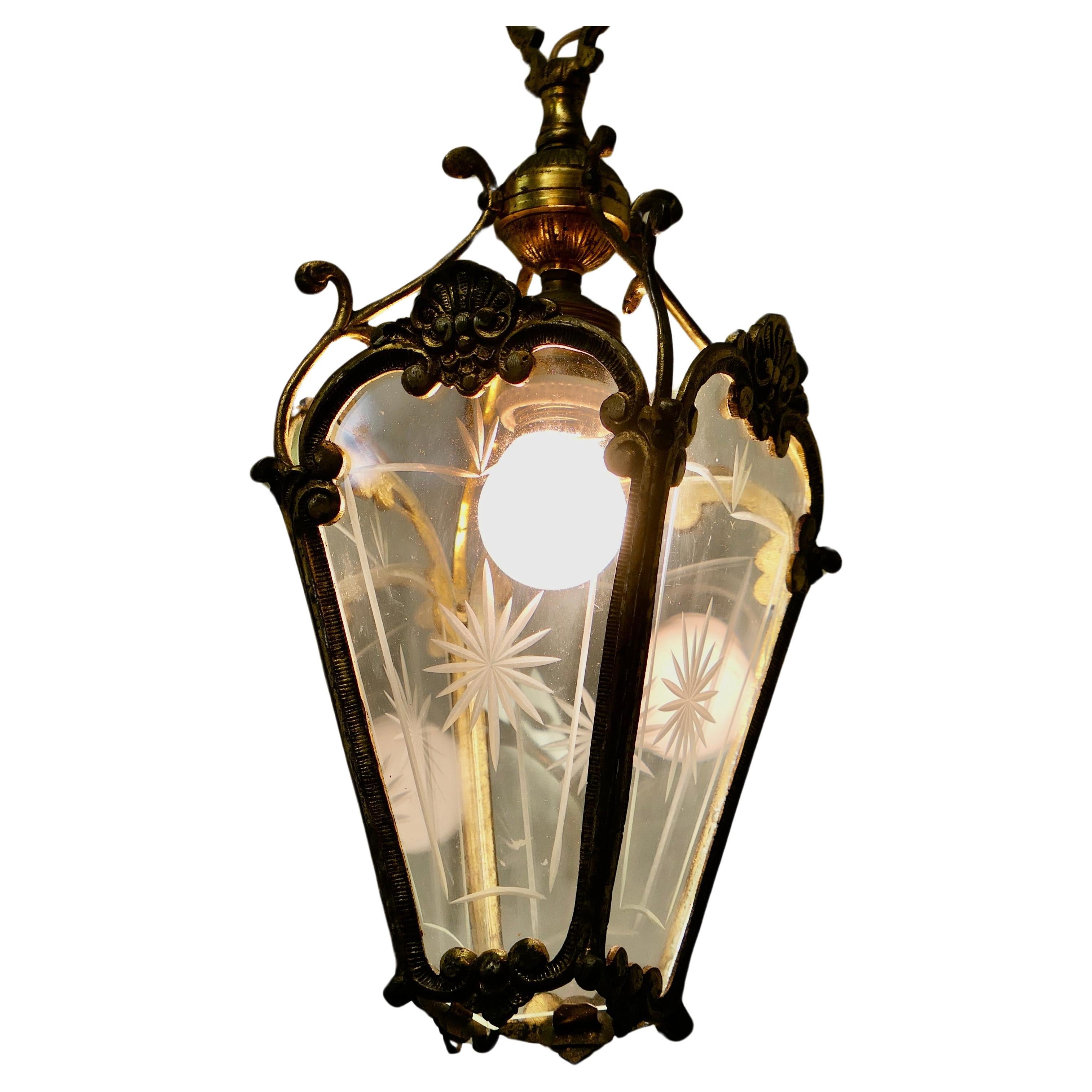 A Superb Quality Brass and Etched Glass Lantern    For Sale