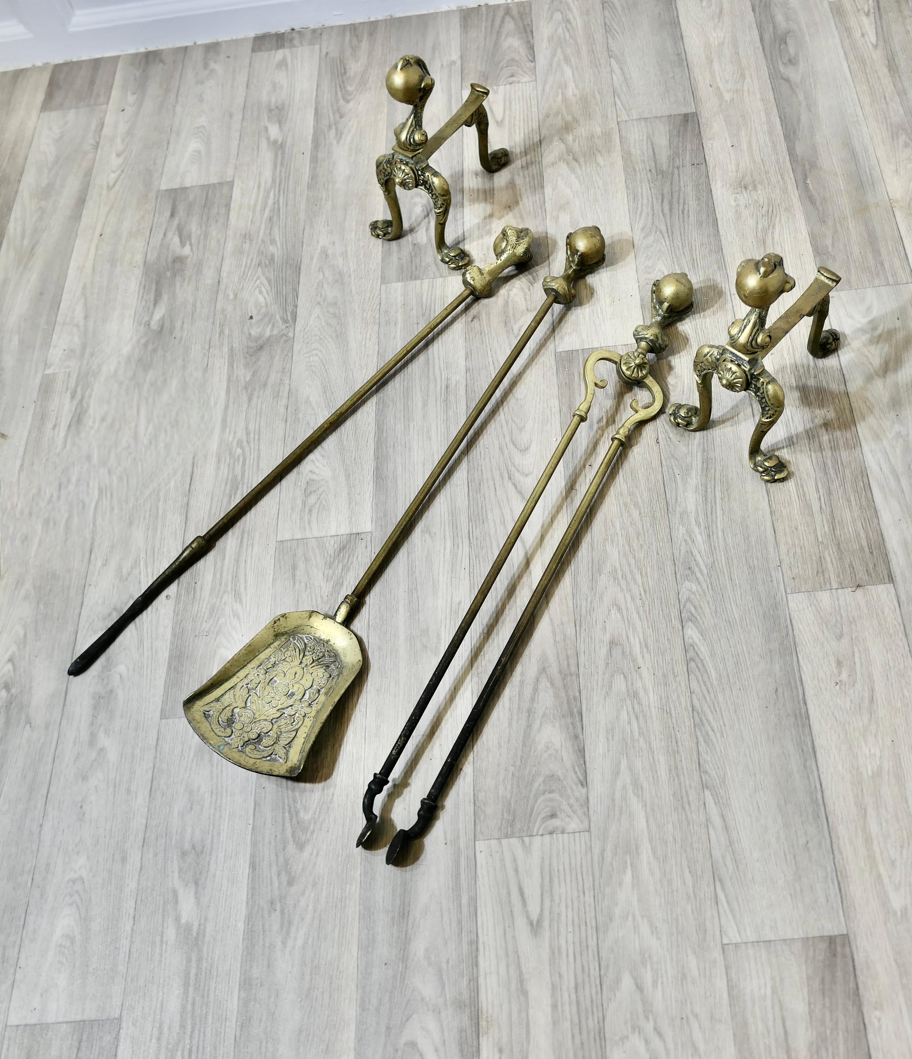 Brass A Superb Set of Arts and Crafts Gothic Fireside Tools For Sale