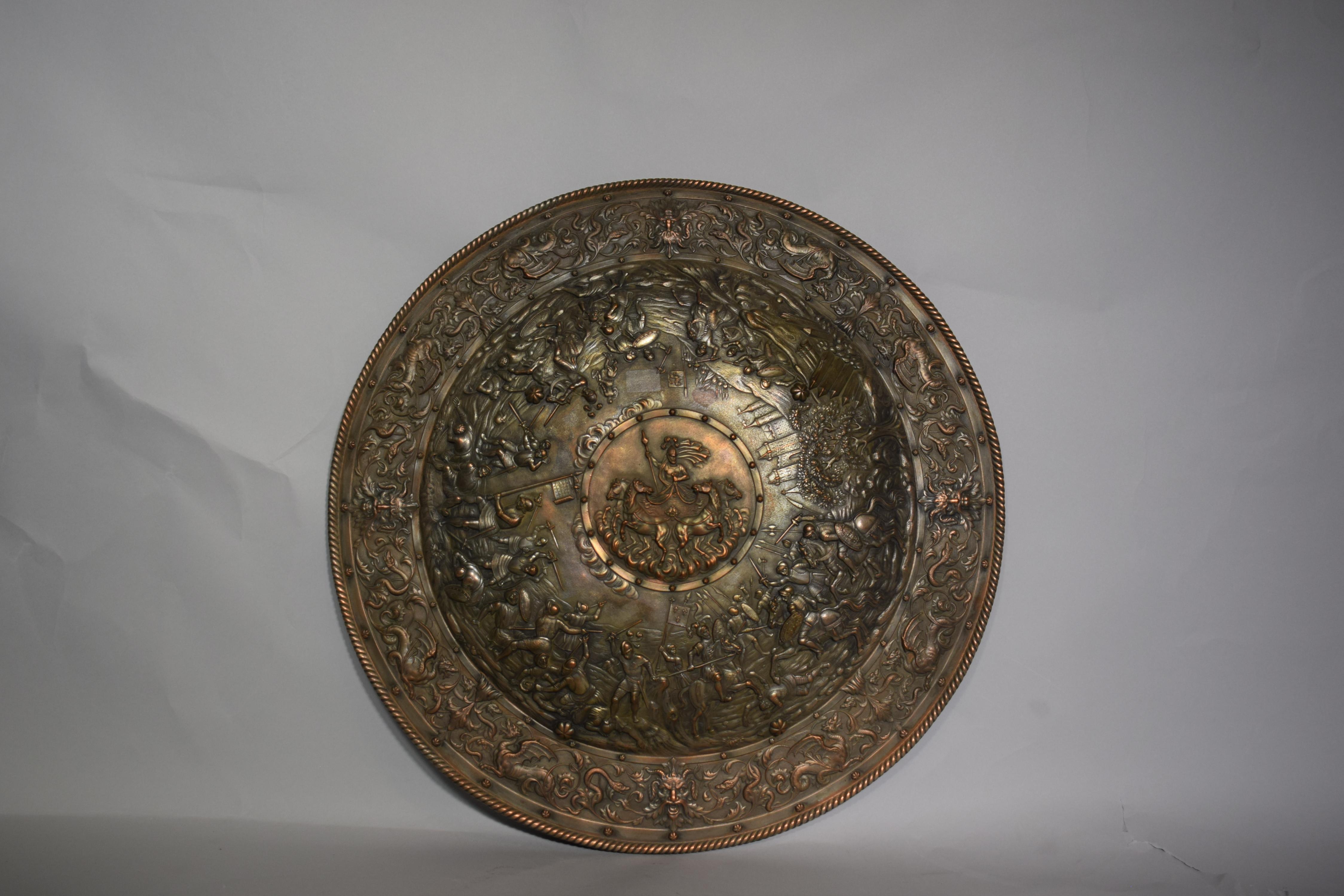 English Superb Silverplated Circular Shield Depicting Battle Scene