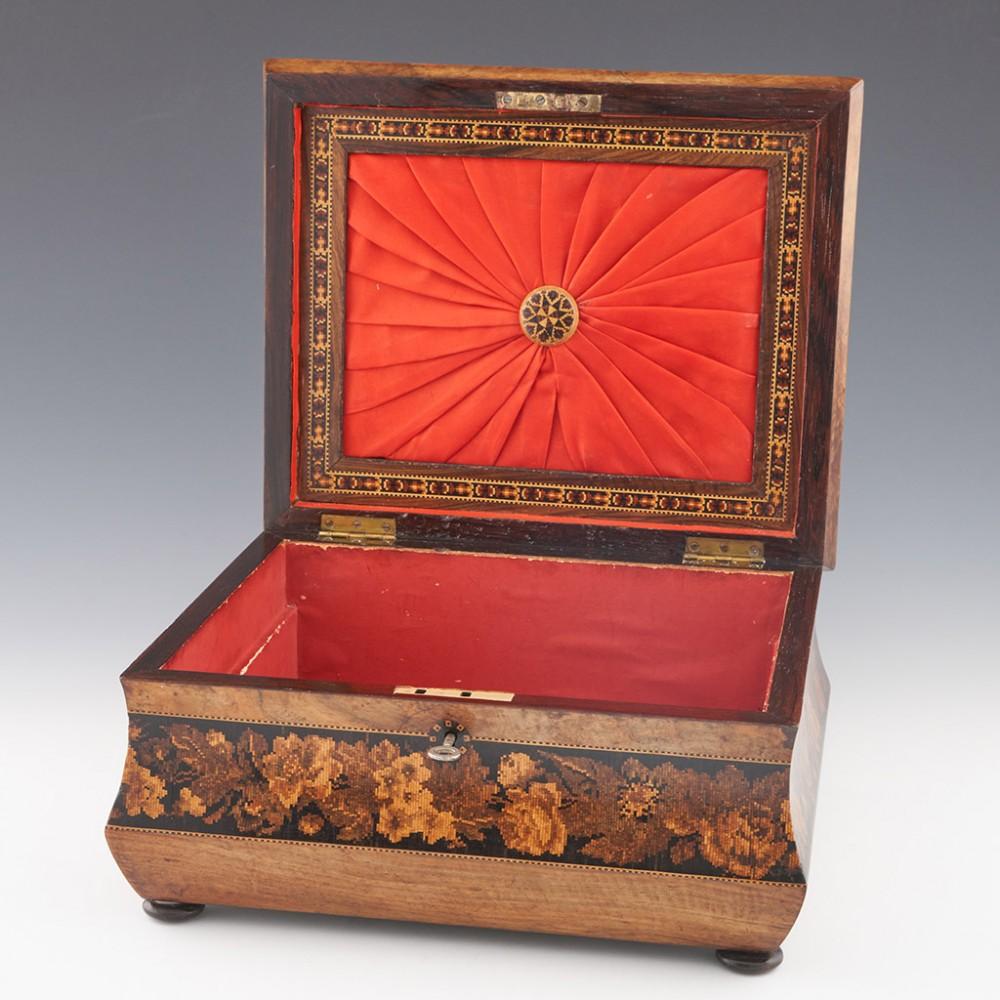 19th Century A Superb Tunbridge Ware Jewellery or Sewing Box Depicting Hever Castle, c1870