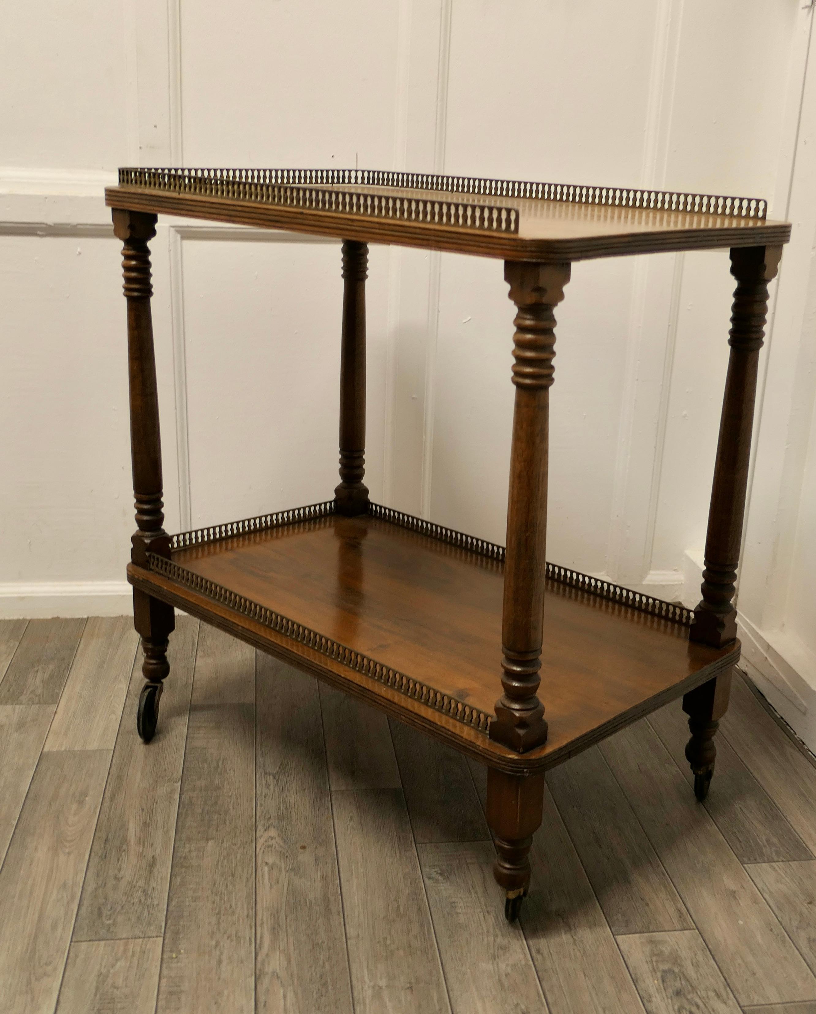 A superb walnut 2 tier tea trolley, with brass galleries. 

A superb Walnut 2 tier tea trolley, with pierced brass galleries on 3 sides of both tiers, the trolley stands on fully swivelling casters and is in good condition.
The trolly is 31”