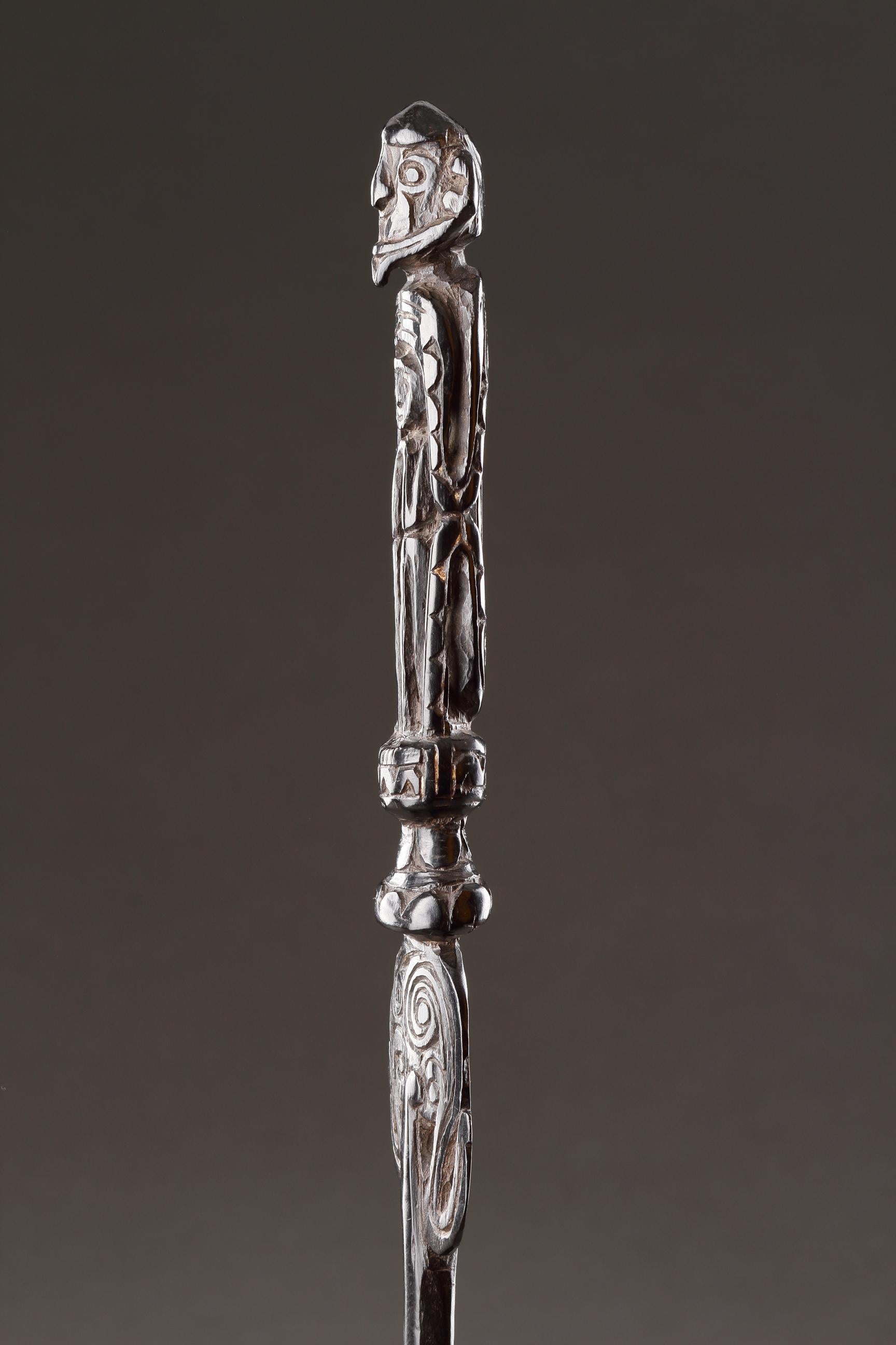 Hand-Carved A Superbly Carved Lime Spatula Representing Two Figures For Sale