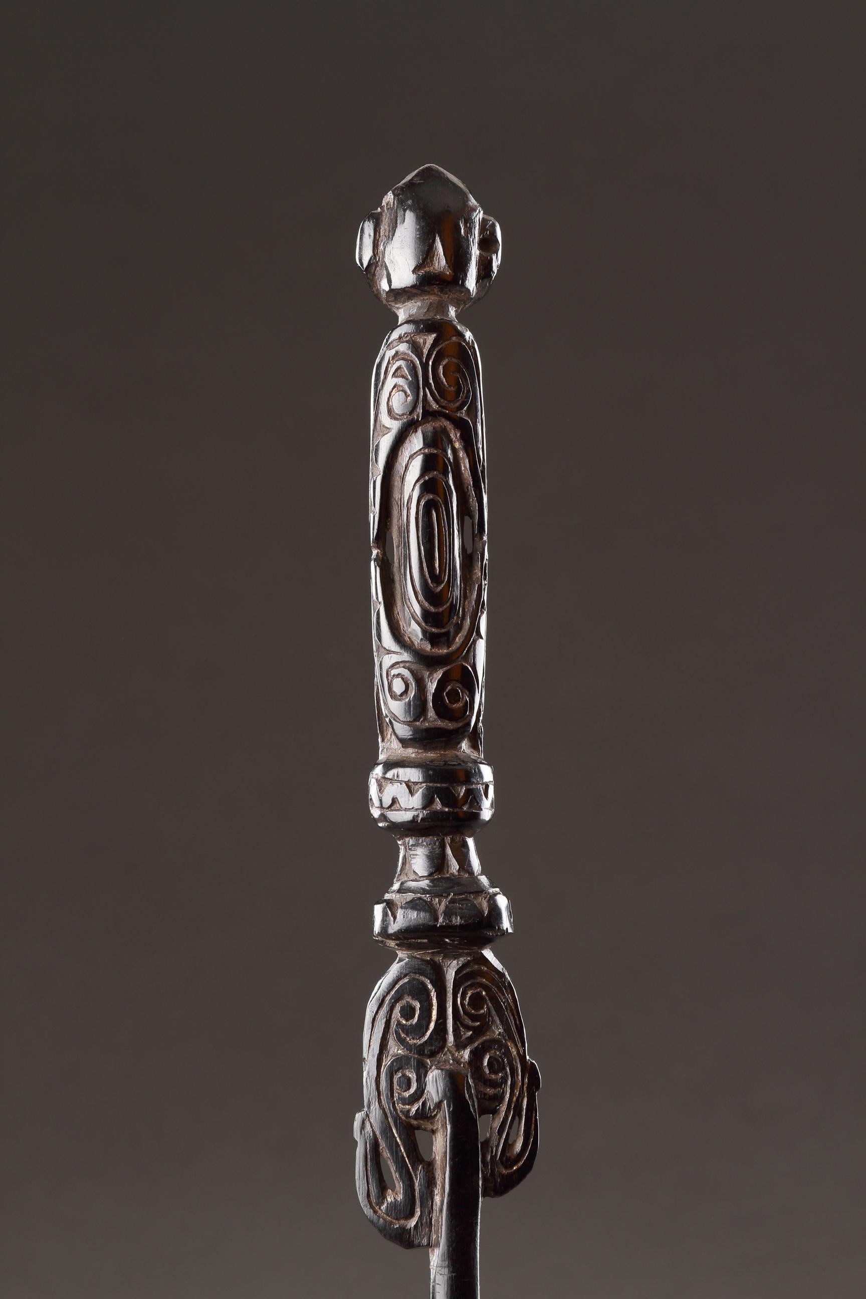 Ebony A Superbly Carved Lime Spatula Representing Two Figures For Sale