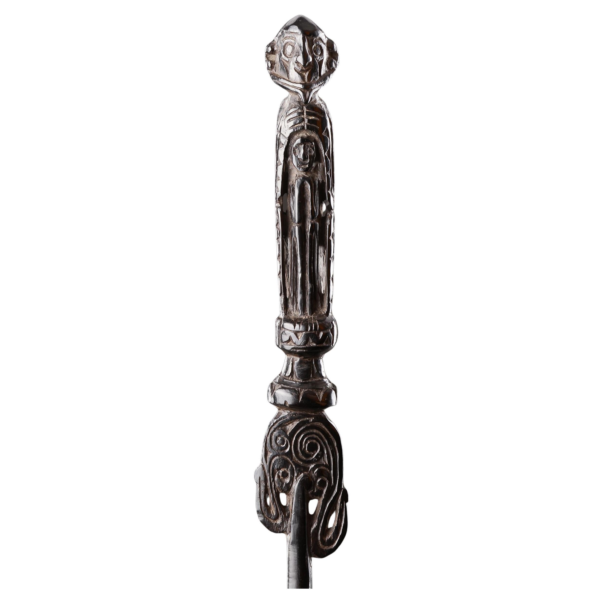 A Superbly Carved Lime Spatula Representing Two Figures For Sale
