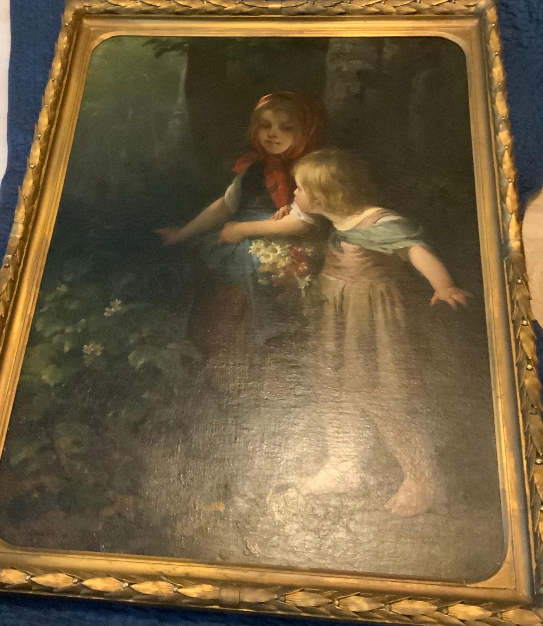 Two little girls in the wood are surprise by a reindeer hidden in the greenery. This painting was acquired in Munich on 1878 by an American collector and later on was auction by Christie’s Auction House as is marked in the back of the painting. The