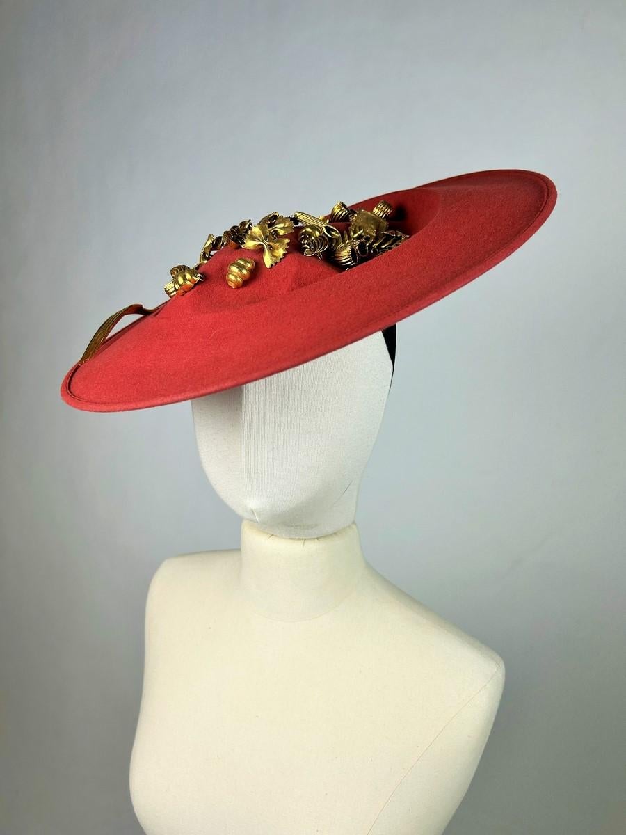 A Surrealist Hat by Isabelle Canovas in red felt and gilt bronze Circa 1980  For Sale 7