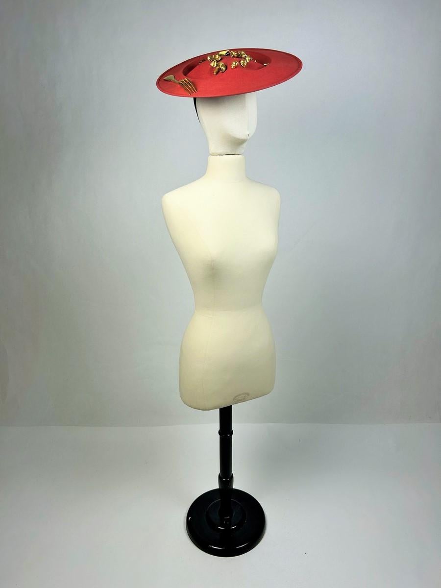 A Surrealist Hat by Isabelle Canovas in red felt and gilt bronze Circa 1980  For Sale 4