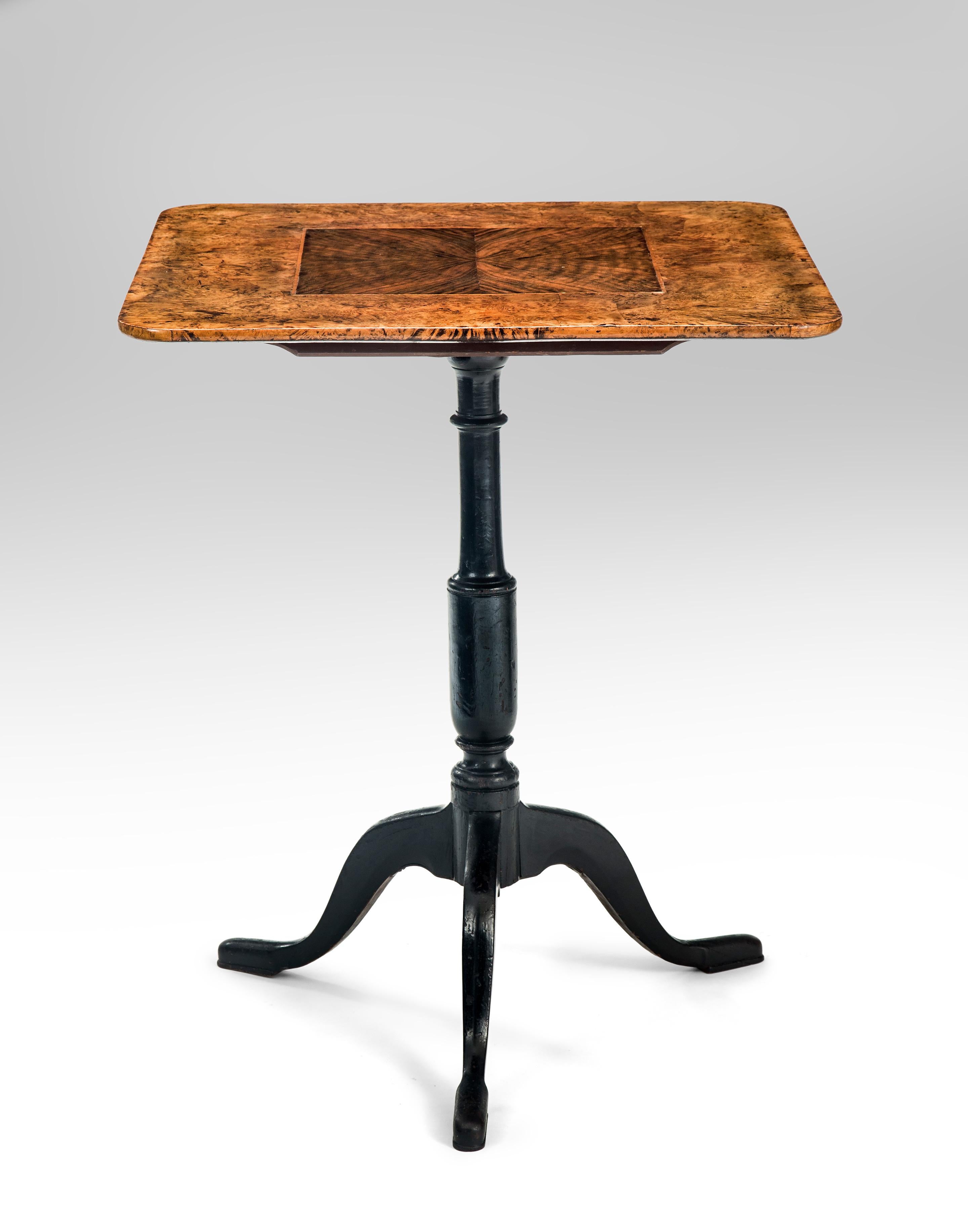 A Swedish burl wood and Walnut Tilt-Top Table 
Late 18th century
A lovely table both elegant and understated with a richly veneered top. Its straightforward design is perfect for a contemporary or Classic interior.
The square burl wood top with a