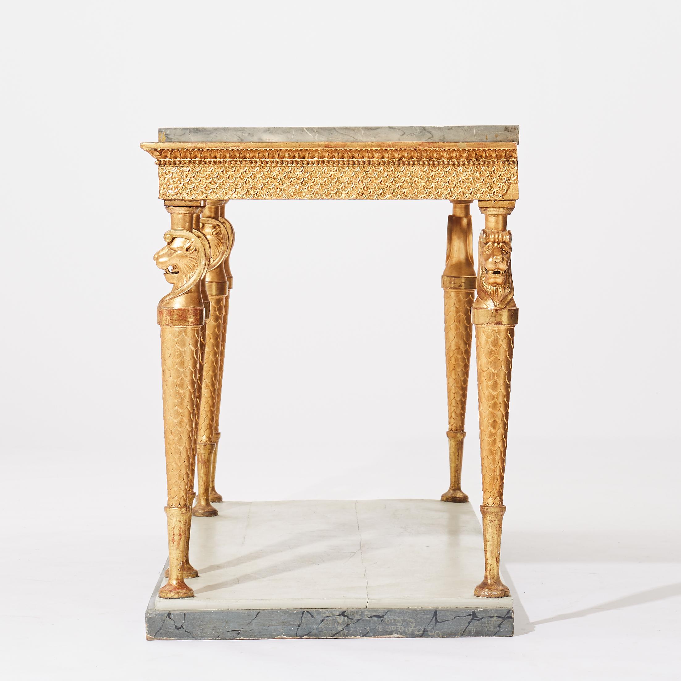 Giltwood A Swedish Empire Gilt wood Console Table, Marble Top, Early 19th Century