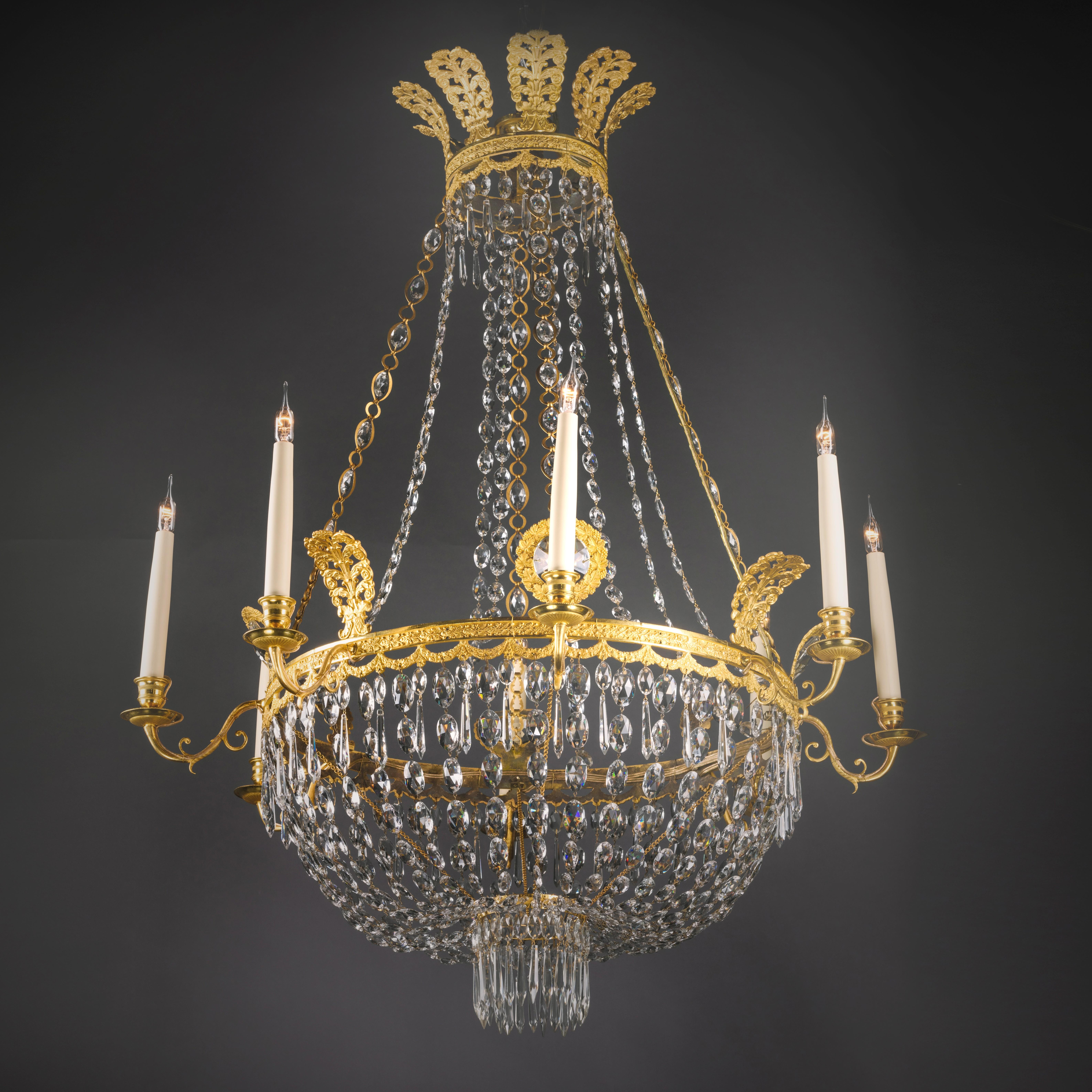 A fine Swedish Empire style gilt-bronze and cut-crystal tent and basket chandelier.

Swedish, Circa 1825. 


 