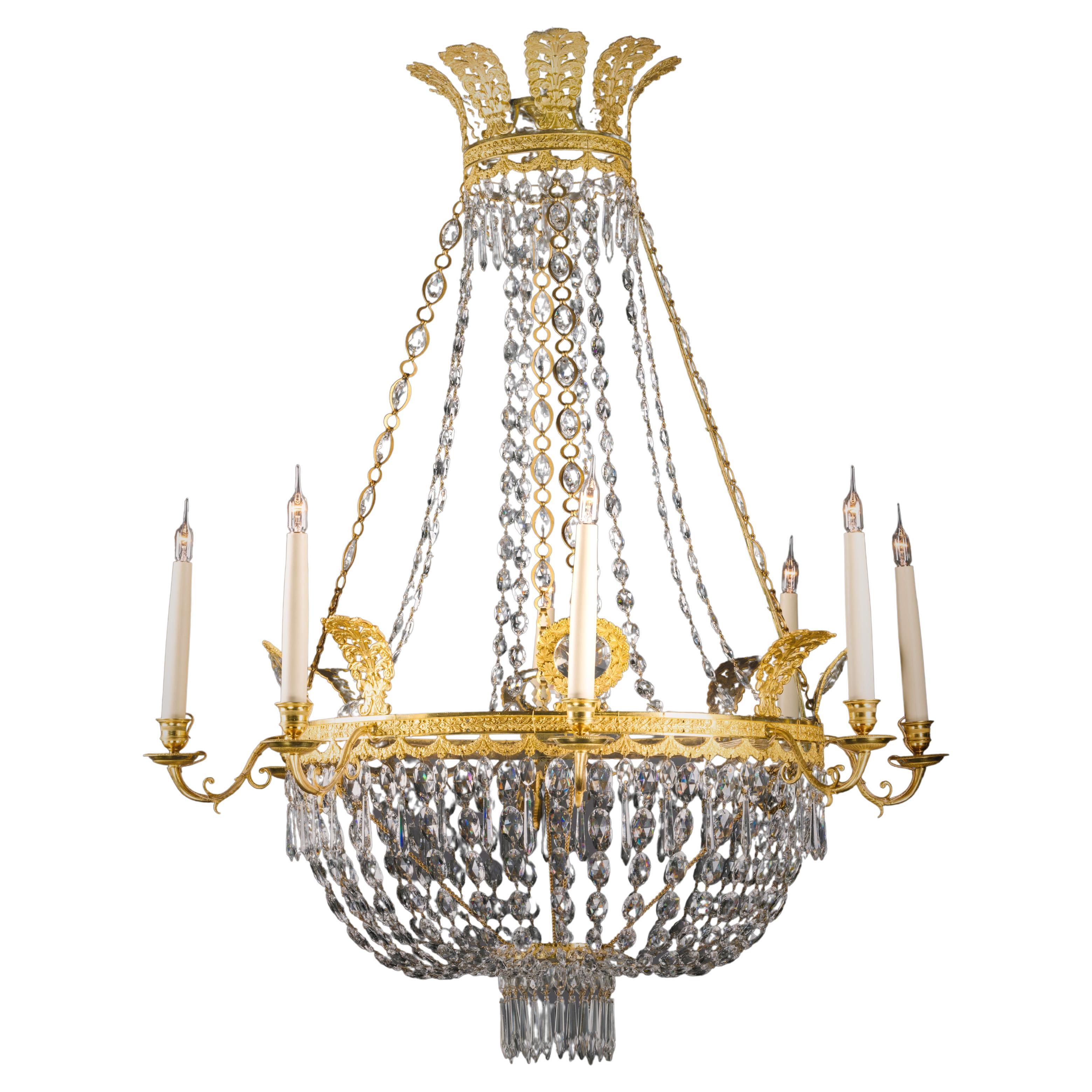 Swedish Empire Style Cut-Crystal Tent and Basket Chandelier