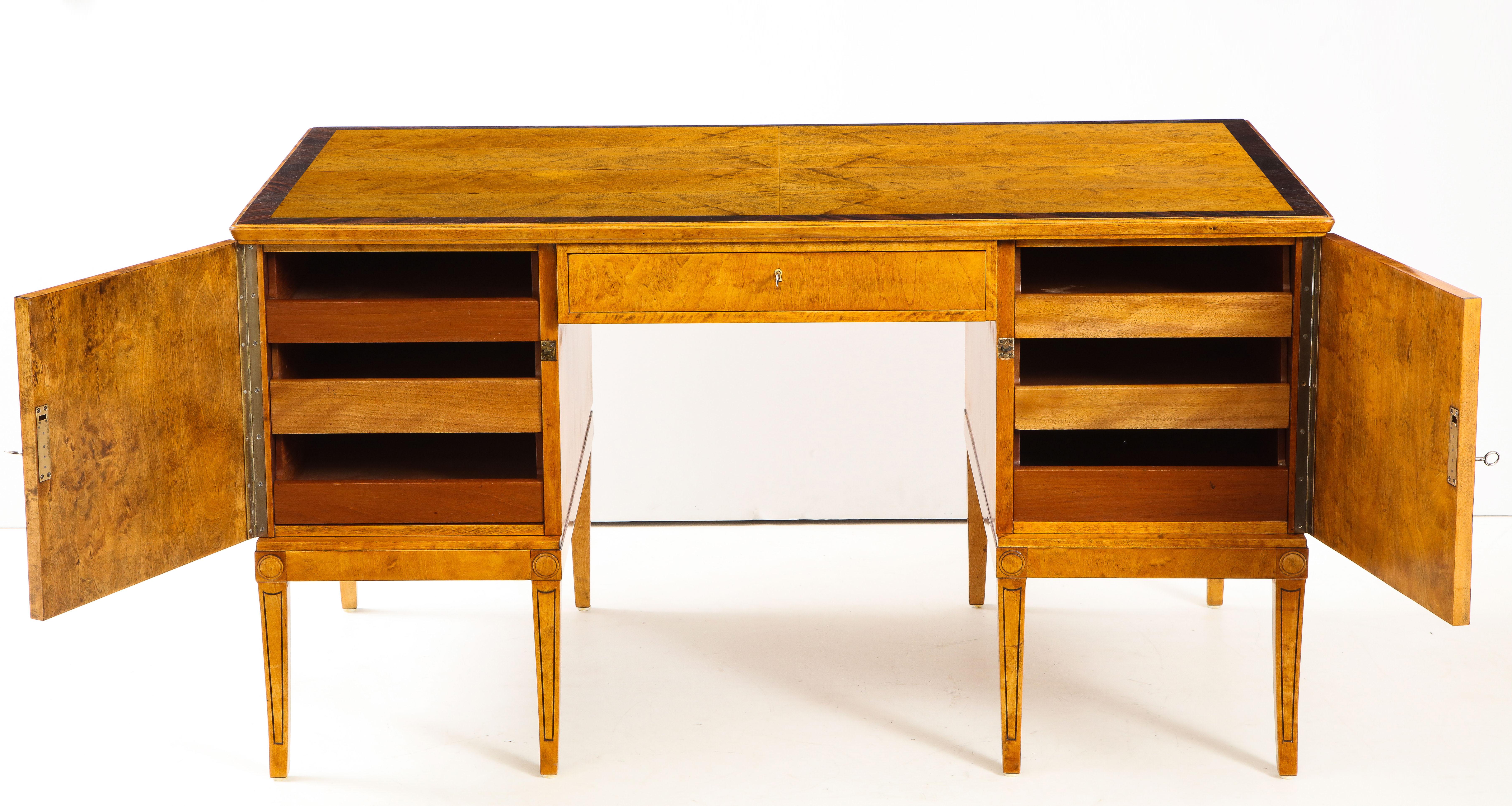 Mid-20th Century Swedish Grace Birchwood and Rosewood Pedestal Desk, circa 1930-1940