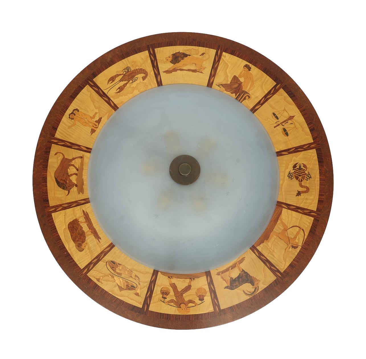Art Deco A Swedish Grace-Period Marquetry Flush Mount Depicting the Twelve Zodiacs For Sale