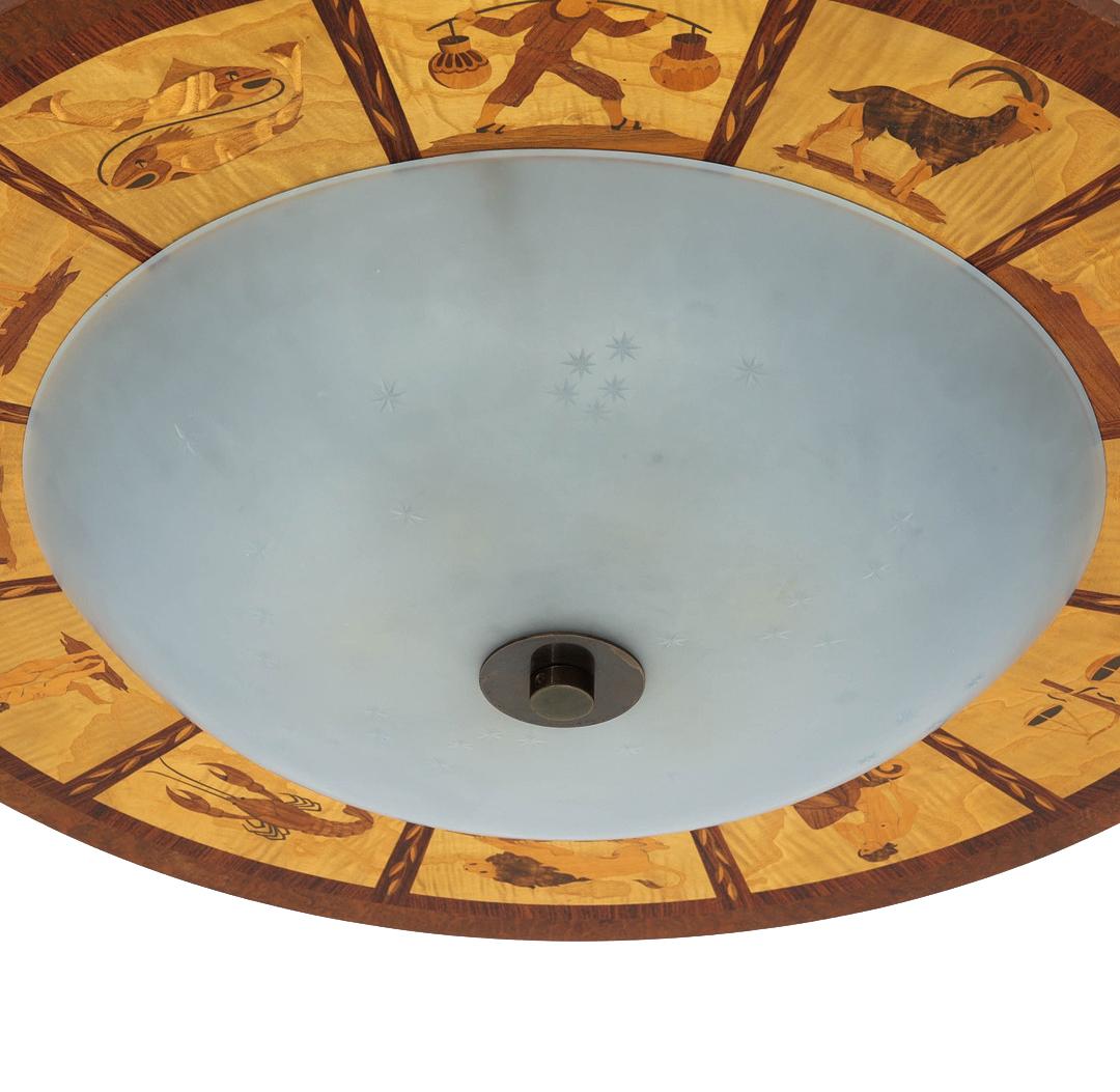 Etched A Swedish Grace-Period Marquetry Flush Mount Depicting the Twelve Zodiacs For Sale