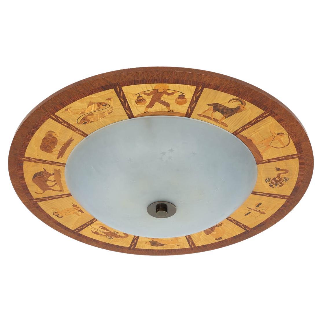 A Swedish Grace-Period Marquetry Flush Mount Depicting the Twelve Zodiacs