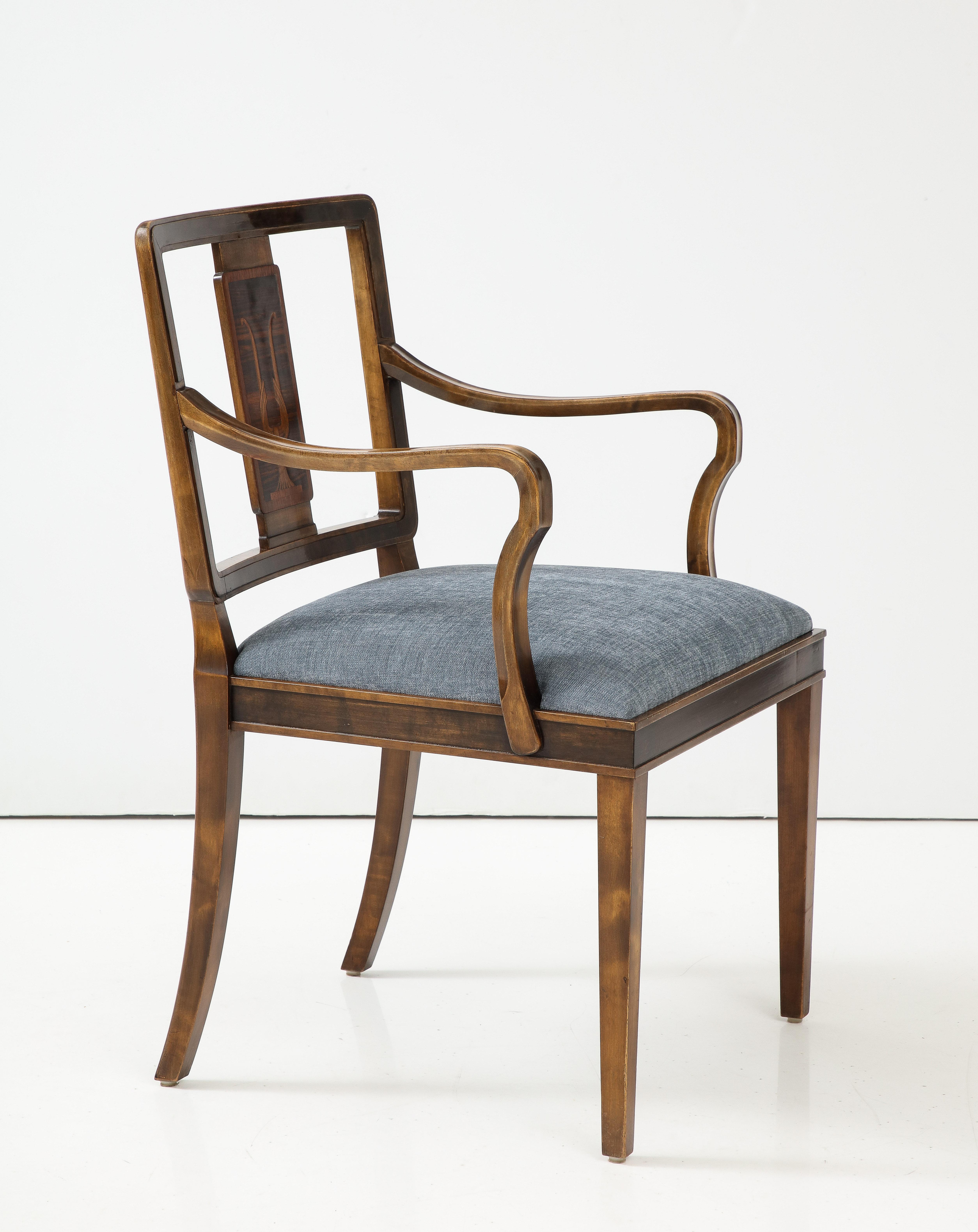 A Swedish Grace Stained Birch and Inlaid Open Armchair, circa 1940 6
