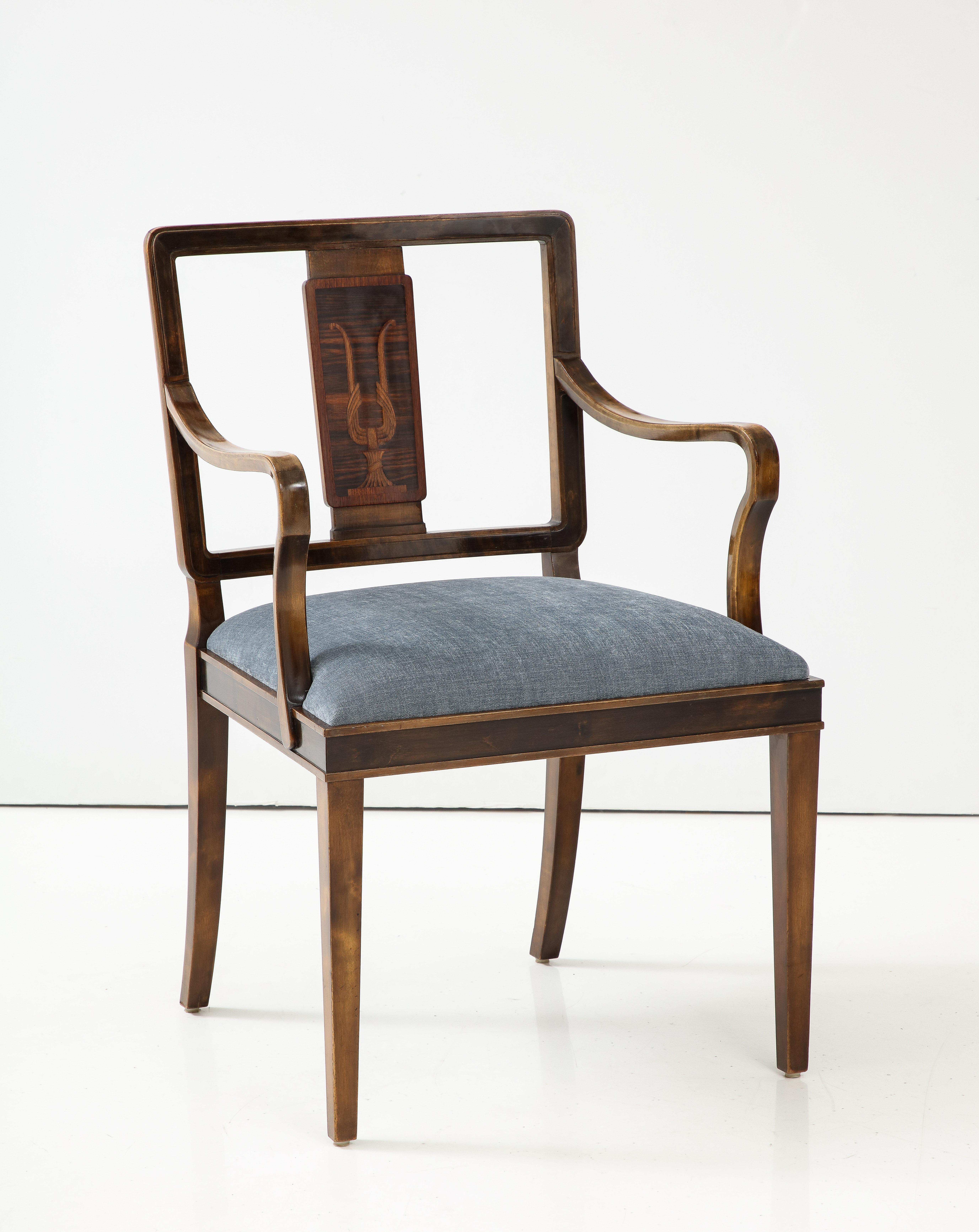 A Swedish Grace Stained Birch and Inlaid Open Armchair, circa 1940 8