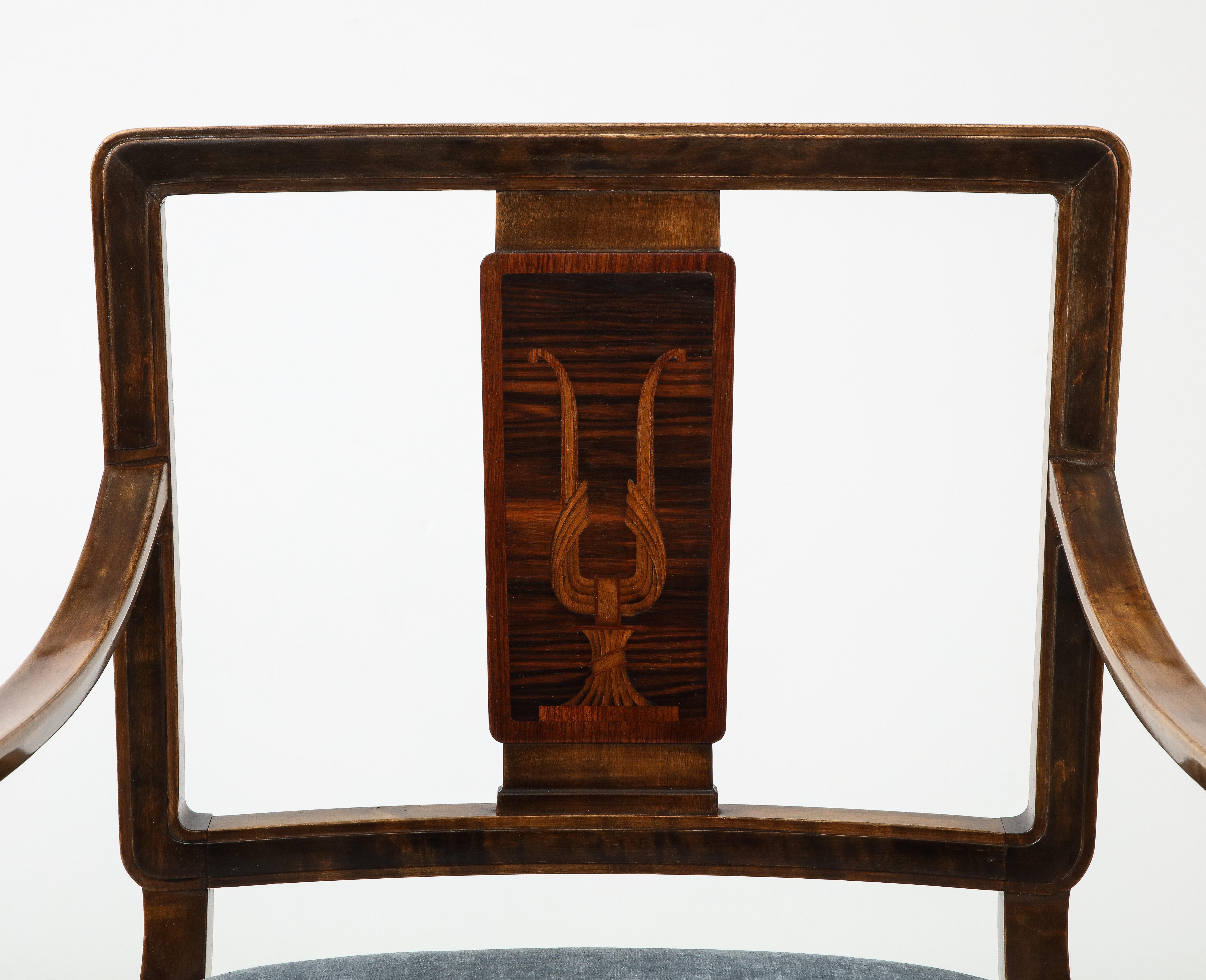 Scandinavian Modern A Swedish Grace Stained Birch and Inlaid Open Armchair, circa 1940