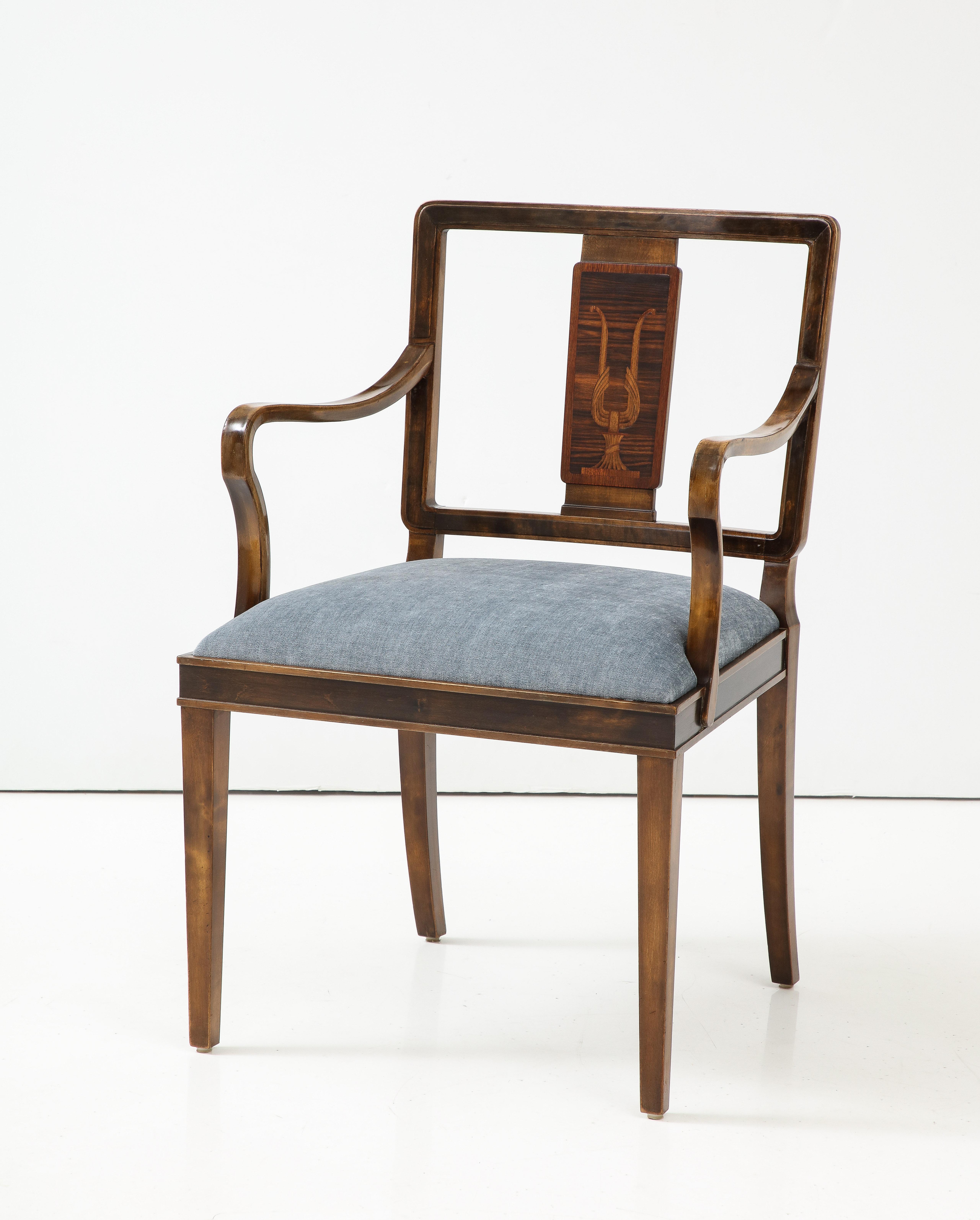 A Swedish Grace Stained Birch and Inlaid Open Armchair, circa 1940 In Good Condition In New York, NY