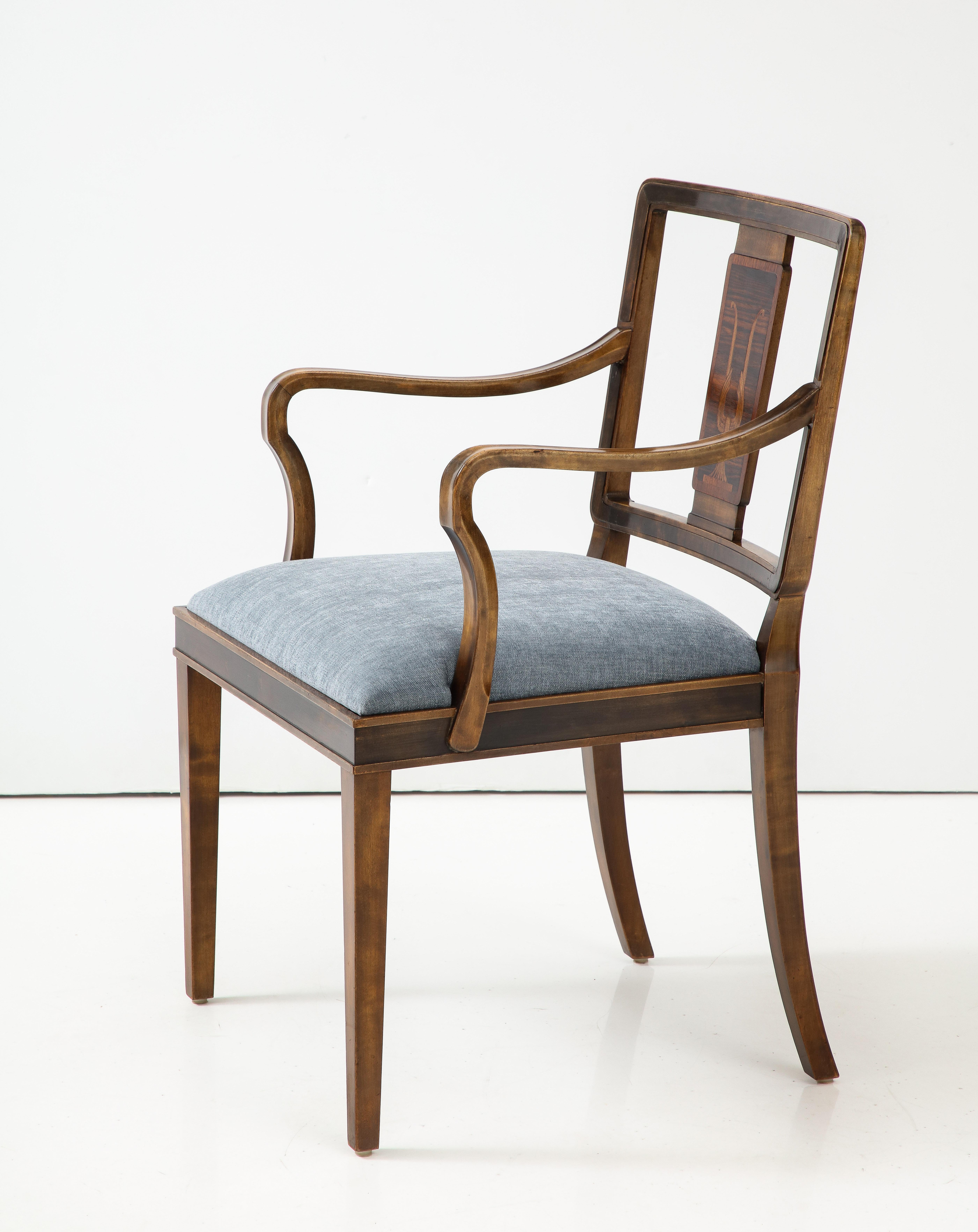 Mid-20th Century A Swedish Grace Stained Birch and Inlaid Open Armchair, circa 1940