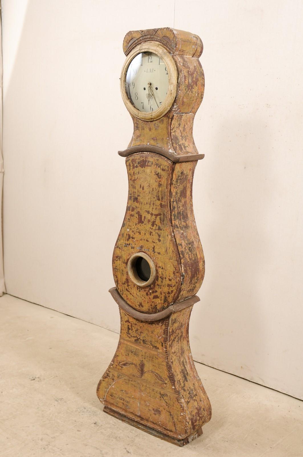 19th Century 19th C. Swedish Grandfather Clock with it's Original Face & Warm Color Palette For Sale