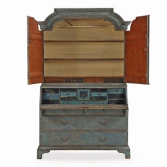 A Swedish Gustavian blue painted pine secretary, C. 1800.