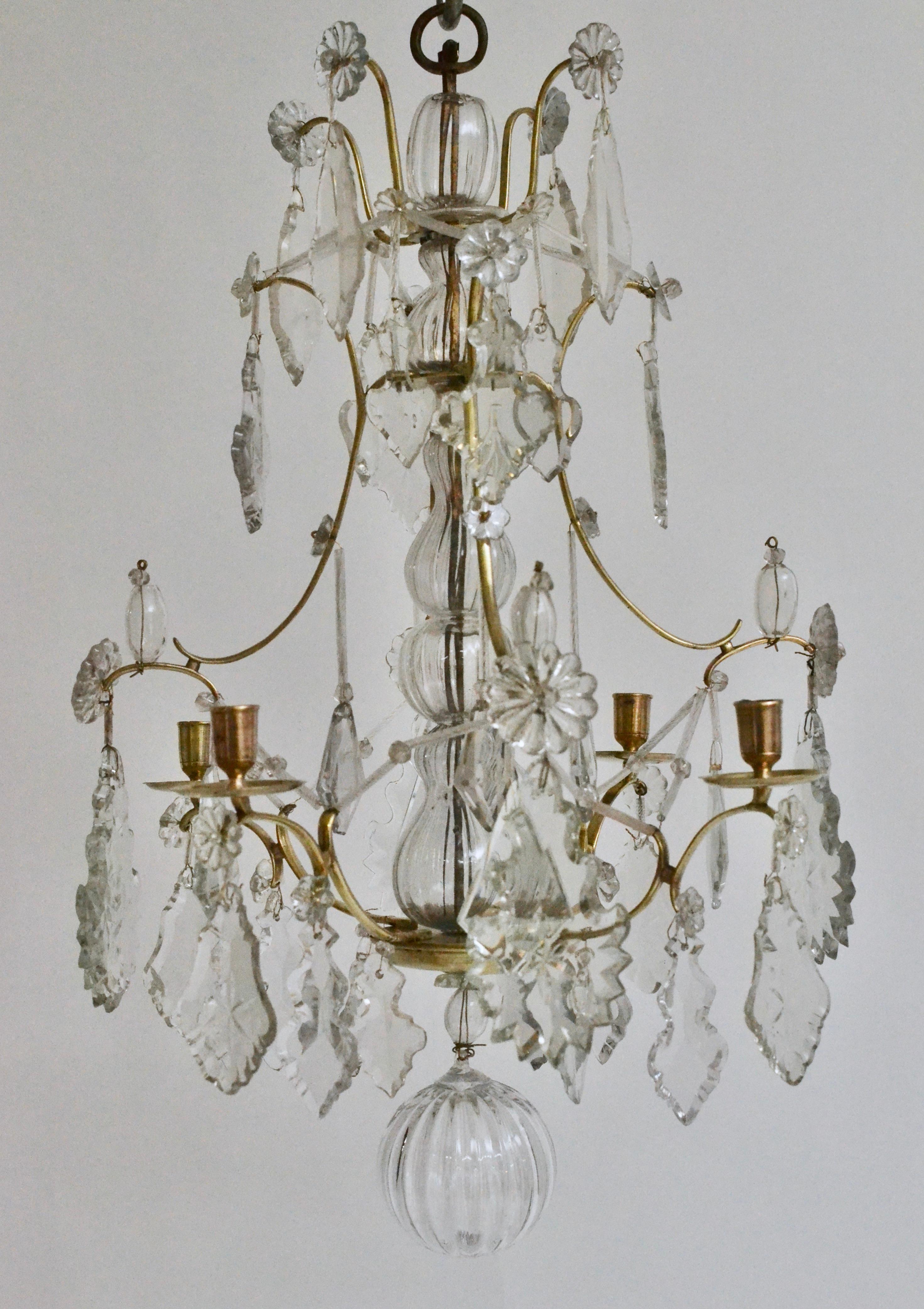 Polished Swedish Louis XVI Brass and Cut-Glass Chandelier